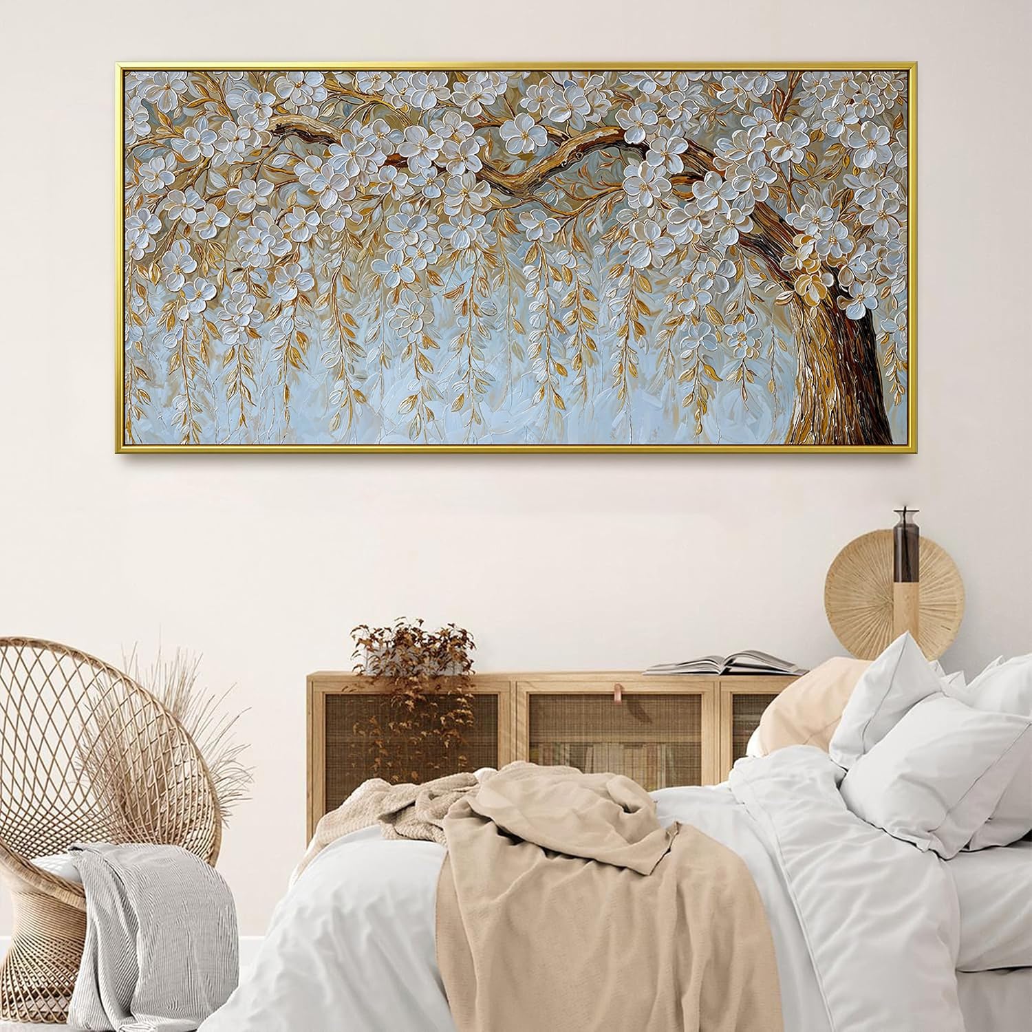 Suconvng Large Gold Framed Wall Art For Living Room Home Wall Decor Modern Canvas Art Wall Decor 29 X 58 Inches Elegant Flower White Wall Art Picture For Bedroom Office Artwork
