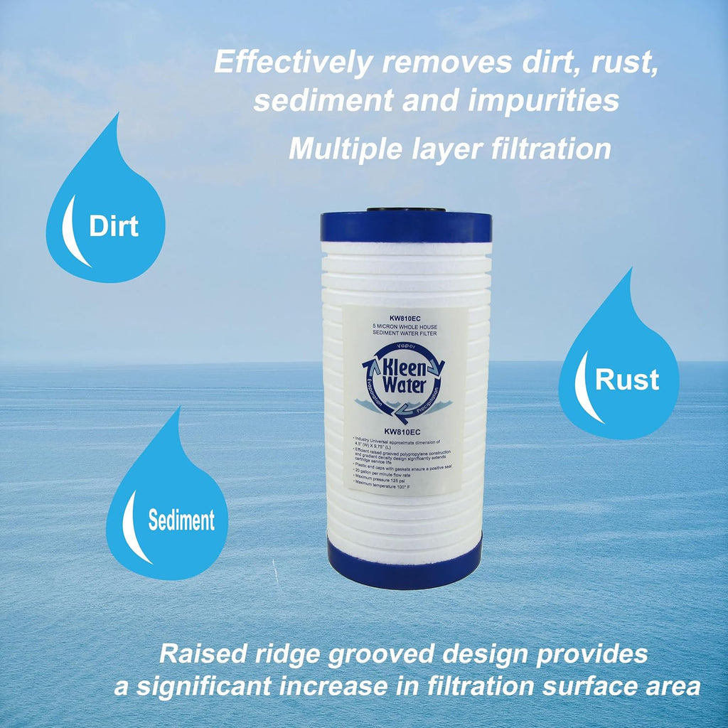 KleenWater KW810EC Whole House Sediment Water Filter Replacement Cartridge, 5 Micron, 4.5 x 9.875 Inch (12 Pack)