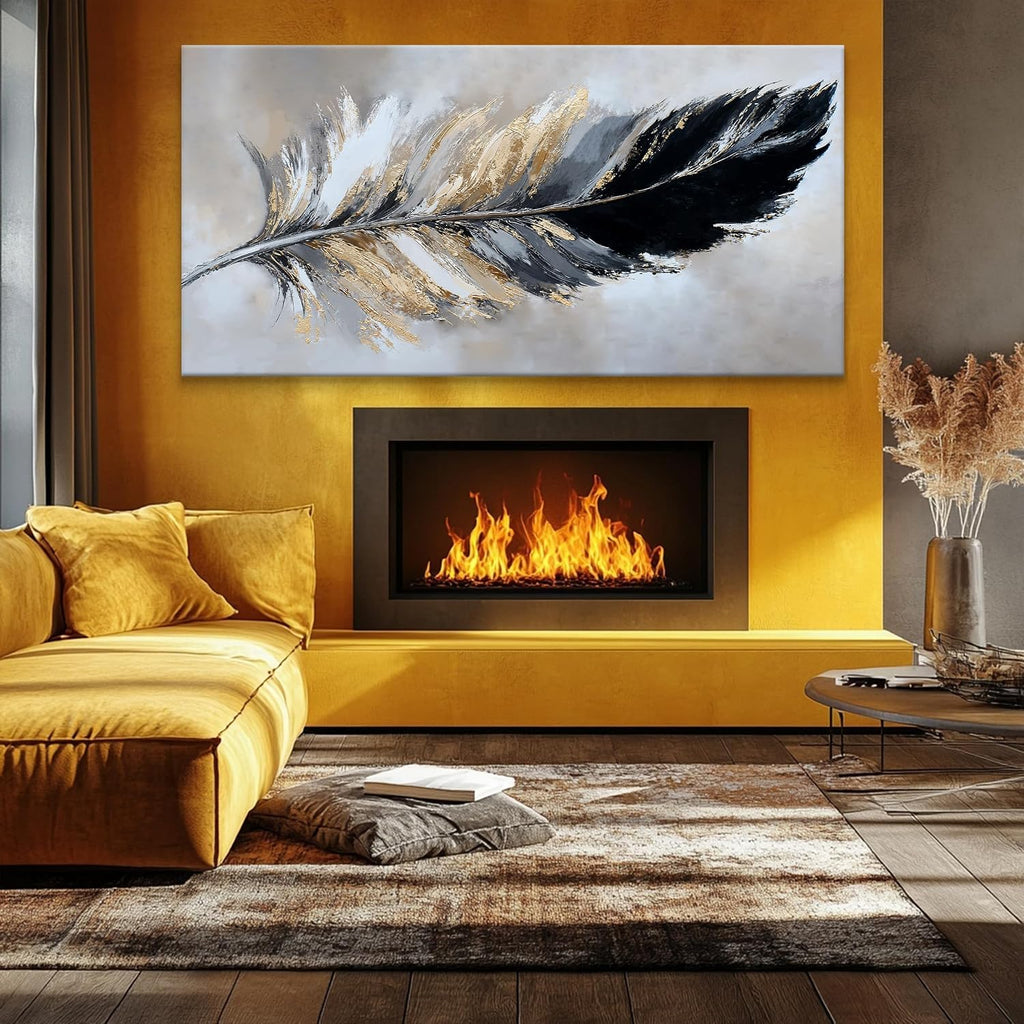 Canvas Art Wall Decor Large Wall art for living room Modern Abstract Wall Decor Painting Print Modern Home Decorations Black and Gold Minimalist Abstract Art Feather Home Artwork Size 35'X70'