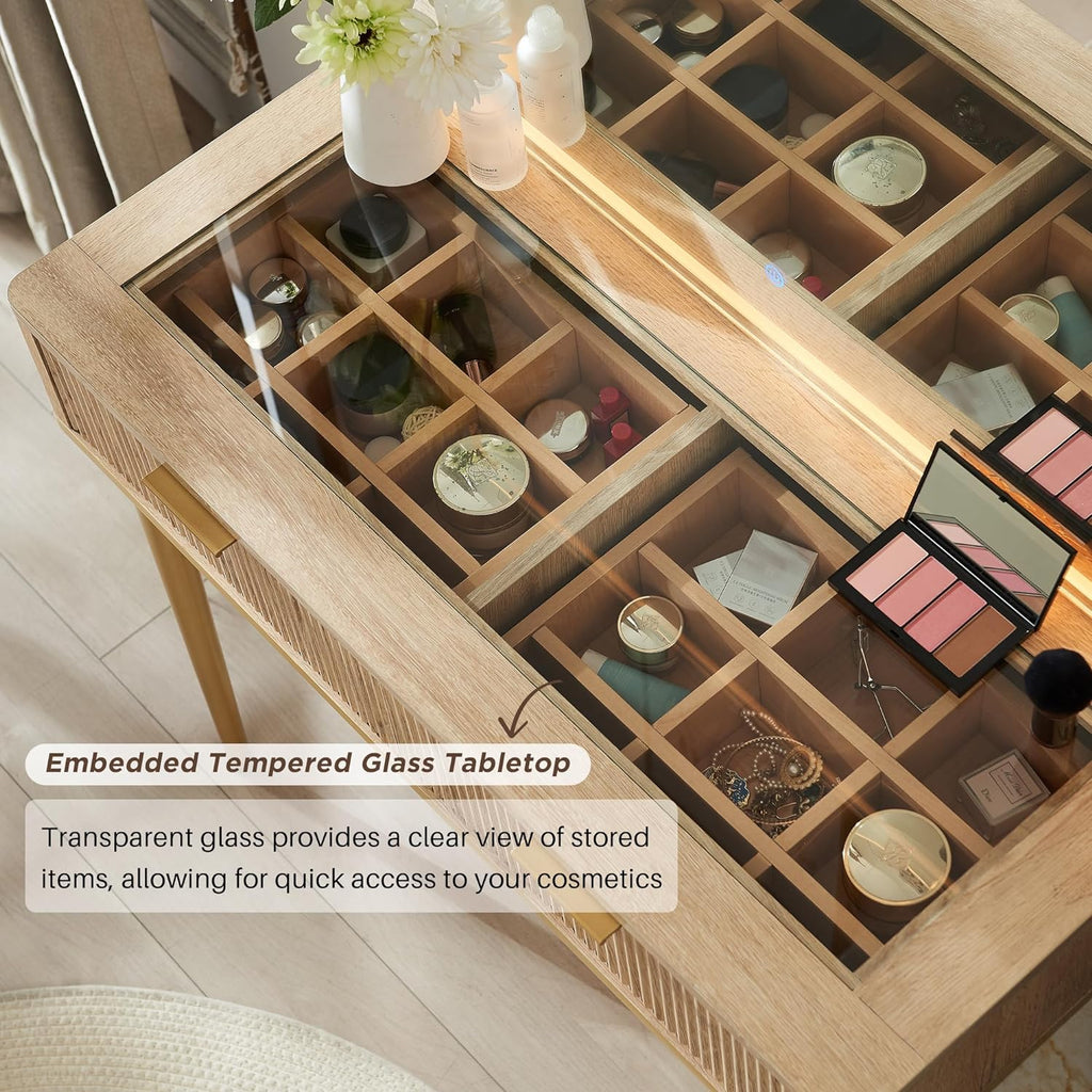 T4TREAM Fluted Makeup Vanity Desk with 36' HD Lighted Mirror, 48' Big Modern Vanity Desk with Mirror and Lights, Dressing Table with 5 Drawers & Shelves, Glass Top for Bedroom (Natural Oak)