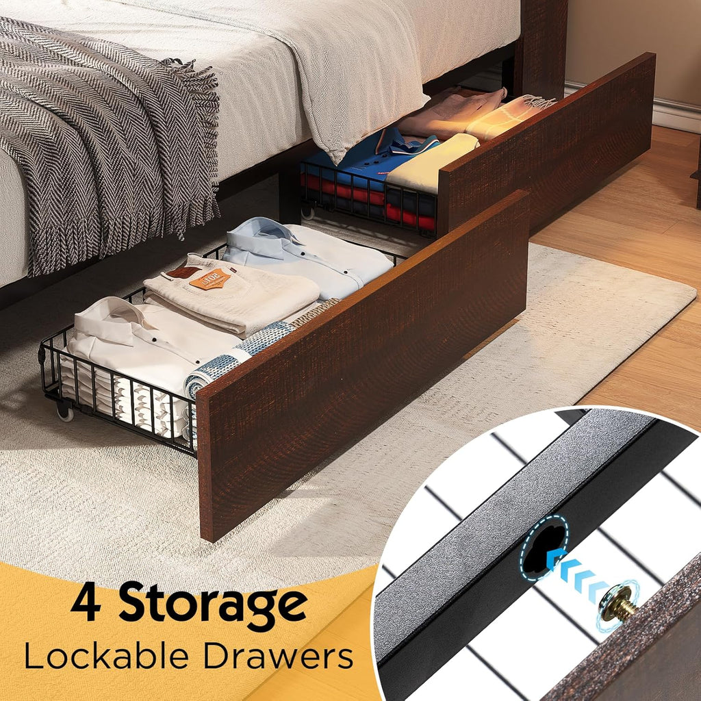 LUXOAK Queen Farmhouse Bed Frame with Bookcase Headboard and 4 Drawers, LED Storage Bed with Charging Station & Linen Upholstered, No Box Spring Needed, Reclaimed Barnwood