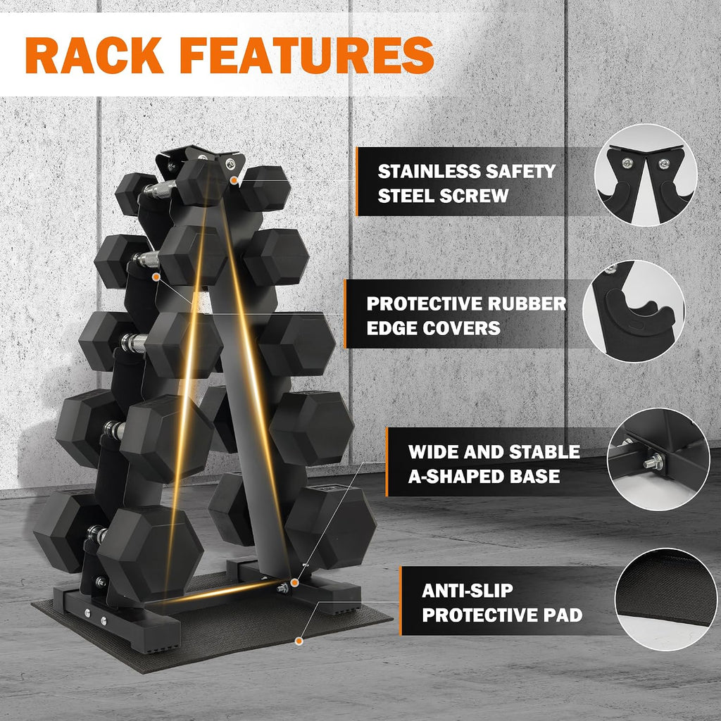 Fitvids Dumbbell Set with Rack â€' Dumbbell + A-Rack: 150LBS Set â€' Black