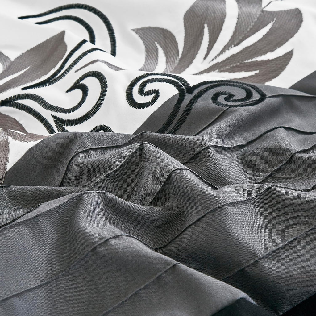 Chezmoi Collection Napa 7-Piece Luxury Leaves Scroll Embroidery Bedding Comforter Set (California King, Black/Gray/White)