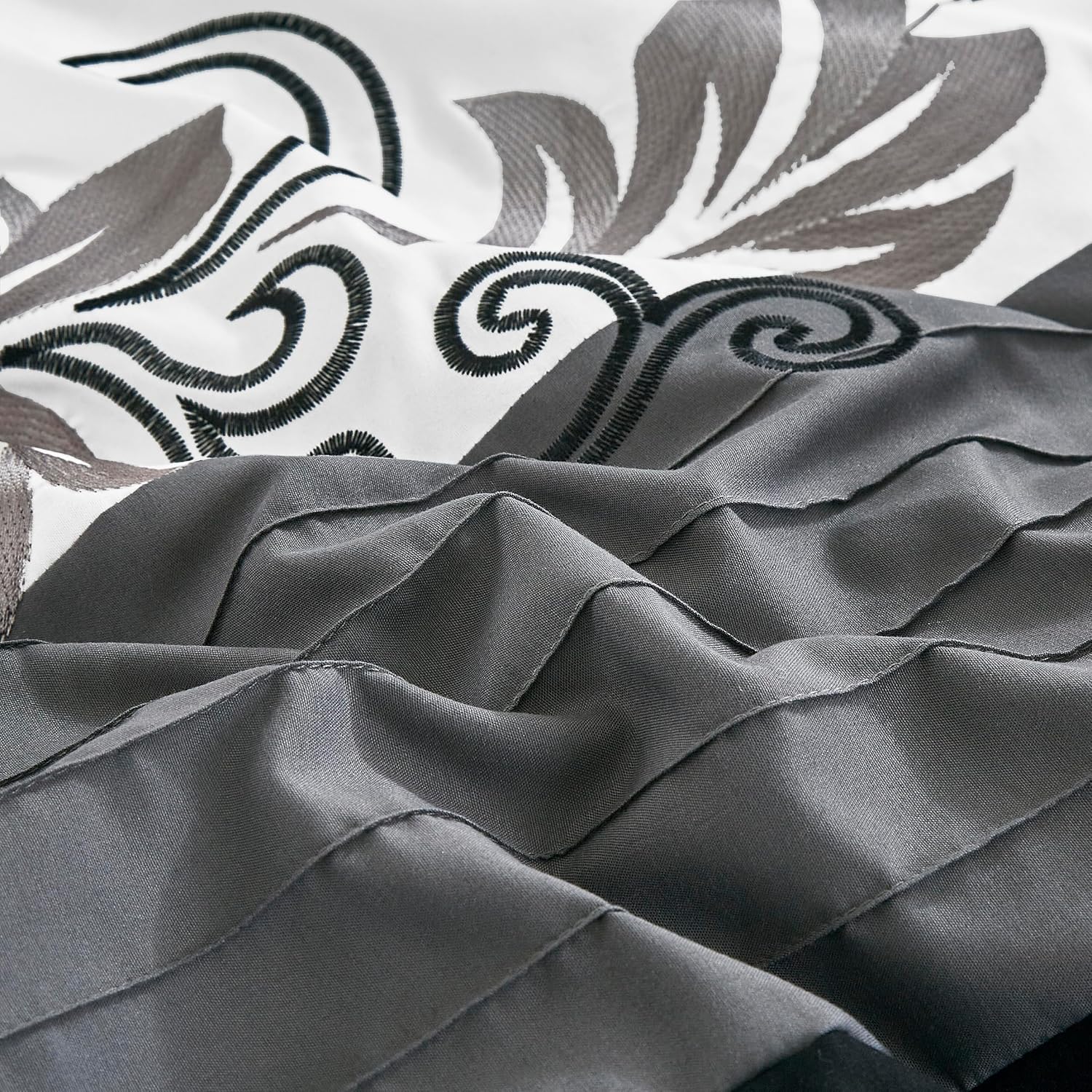 Chezmoi Collection Napa 7-Piece Luxury Leaves Scroll Embroidery Bedding Comforter Set (California King, Black/Gray/White)