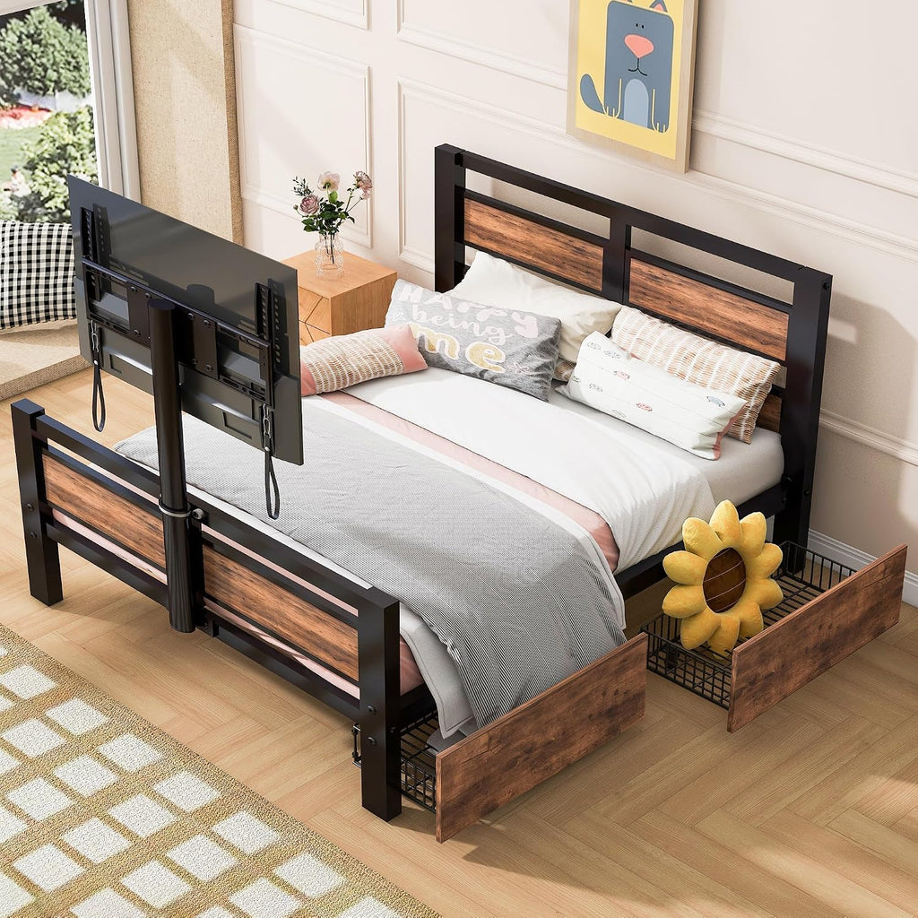 Twin Size Platform Bed with Two Storage Drawers and Rotatable TV Stand, Metal Bed Frame with MDF Headboard and Footboard, 14 Heavy-Duty Metal Sats, No Box Spring Needed (Black,Rotatable TV Stand)