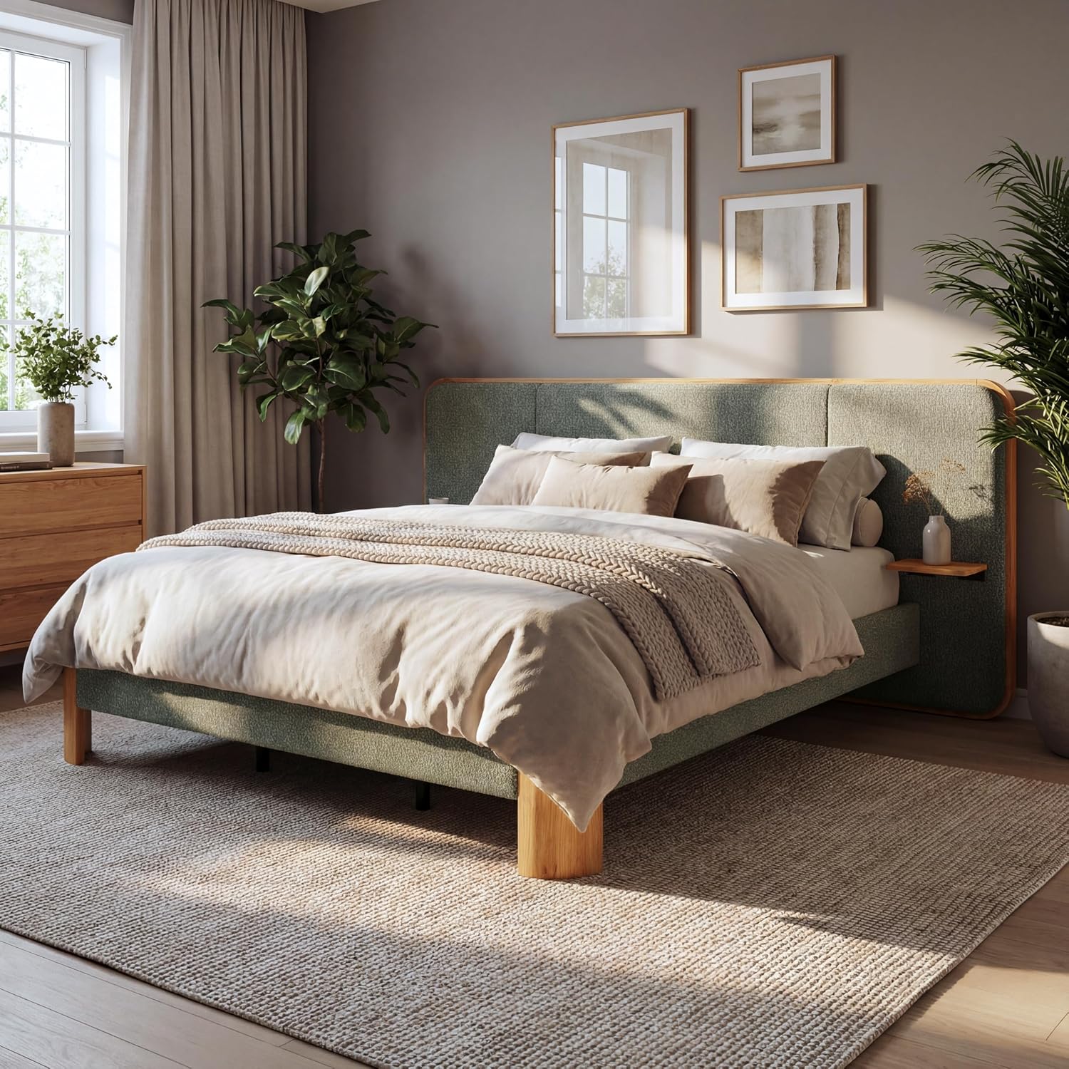 Merax King Size Boucle Upholstered Platform Bed with Wide Curved Headboard and Floating Shelves for Adults, Heavy Duty Steel Center Beam for Support, No Box Spring Needed, Antique Green