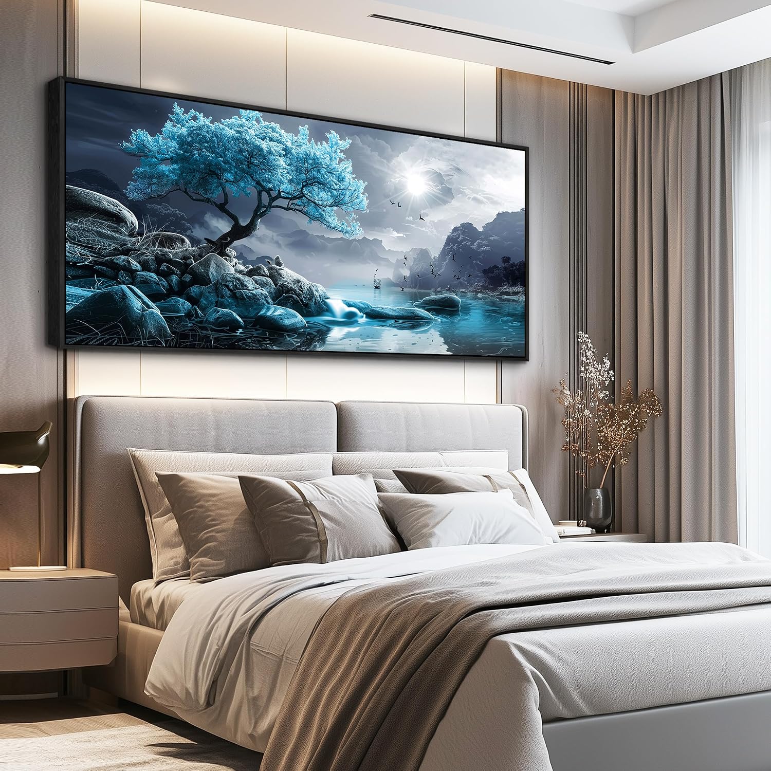 KELIYUAN Large Canvas Wall Decor Bedroom Blue Tree Landscape Wall Paintings Wall Art For Living Room Black And White Pictures Office Mural Framed Prints Artwork Modern Home Decor Aesthetics 32'X72'