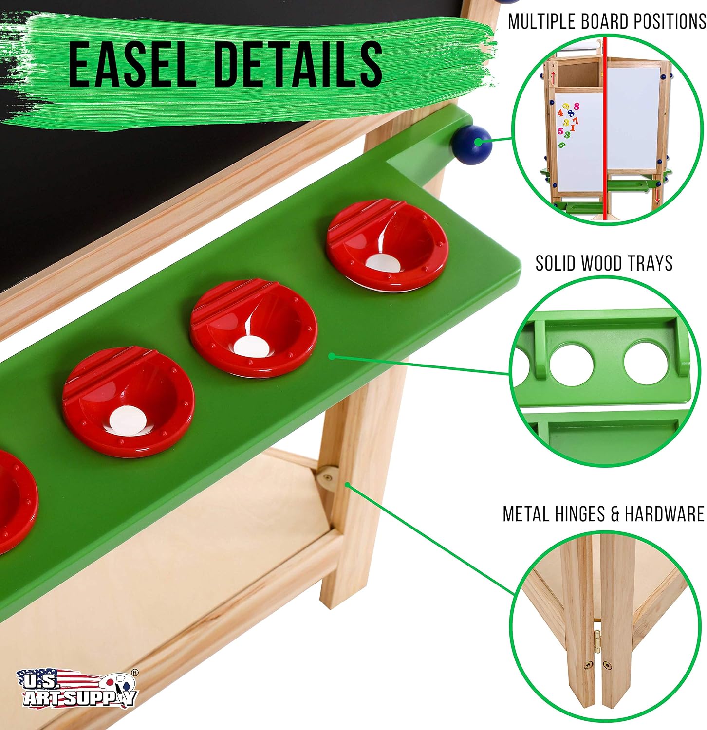 U.S. Art Supply Three Sided Art Station, Wooden Activity Easel with Paper Roll & Shelf - Easel for Drawing, Magnetic Whiteboard, Chalkboard Artist Station & Plastic Paint Cups