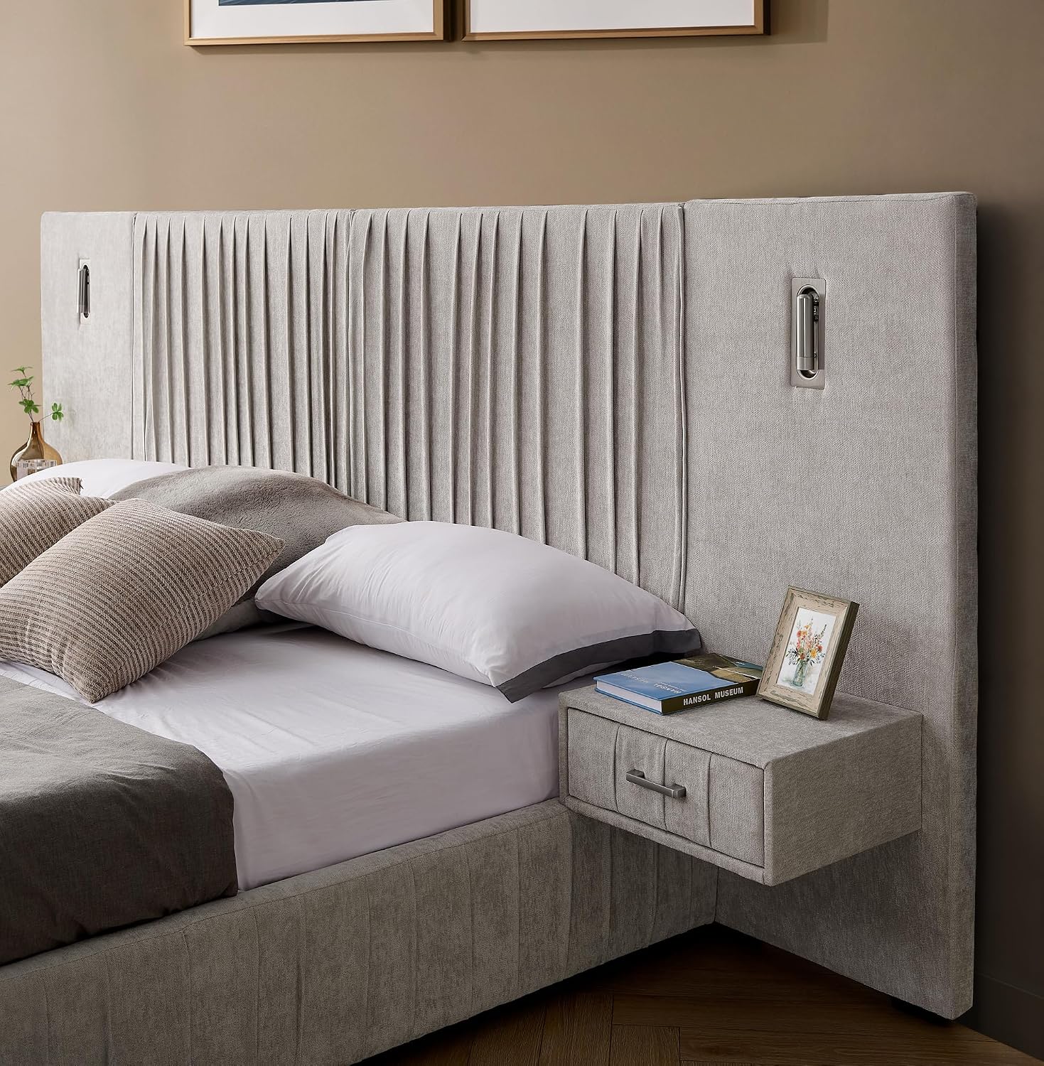 Merax Chenille Upholstered Queen Size Bed Frame with Wide Headboard and 2 Small Nightstands, Low Platform Bed Frame with Small Reading Lamp and Pleating Design for Adults, No Box Spring Needed, Beige