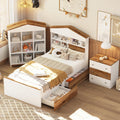 3 Pcs Bedroom Sets, Twin Size House Shaped Wooden Bed with Storage Drawers, Nightstand with Colorblock Design and House Shaped Stroage Rack, Brown+White