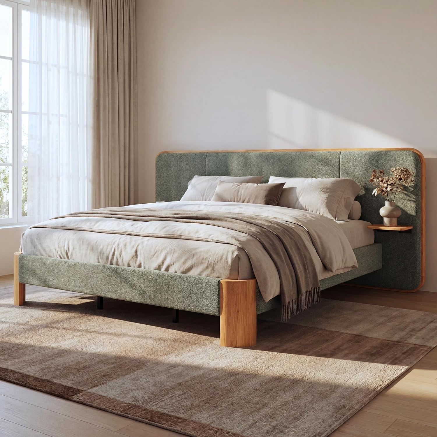 Merax King Size Boucle Upholstered Platform Bed with Wide Curved Headboard and Floating Shelves for Adults, Heavy Duty Steel Center Beam for Support, No Box Spring Needed, Antique Green