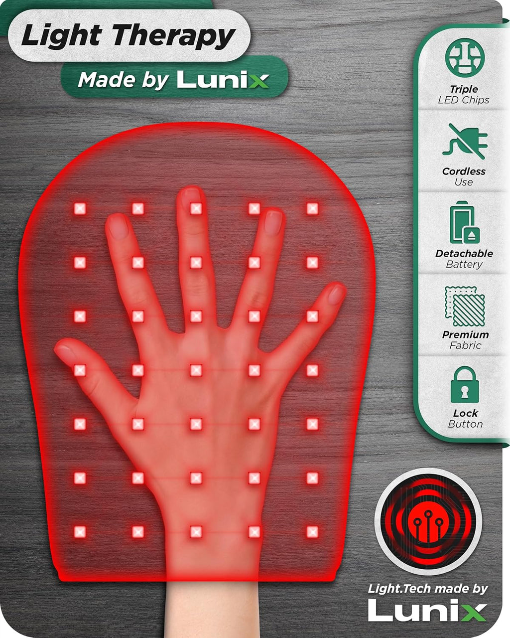 Lunix LX23 Red Light Therapy for Hand, 50 Triple Chips LED 850 and 660nm, Infrared Therapy for Circulation & Joint Support with Vibration, Portable, Rechargeable, Adjustable Intensity