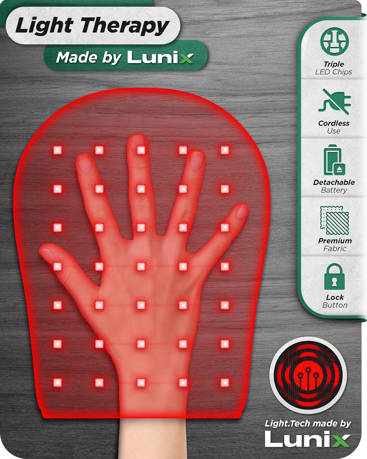 Lunix LX23 Red Light Therapy for Hand, 50 Triple Chips LED 850 and 660nm, Infrared Therapy for Circulation & Joint Support with Vibration, Portable, Rechargeable, Adjustable Intensity