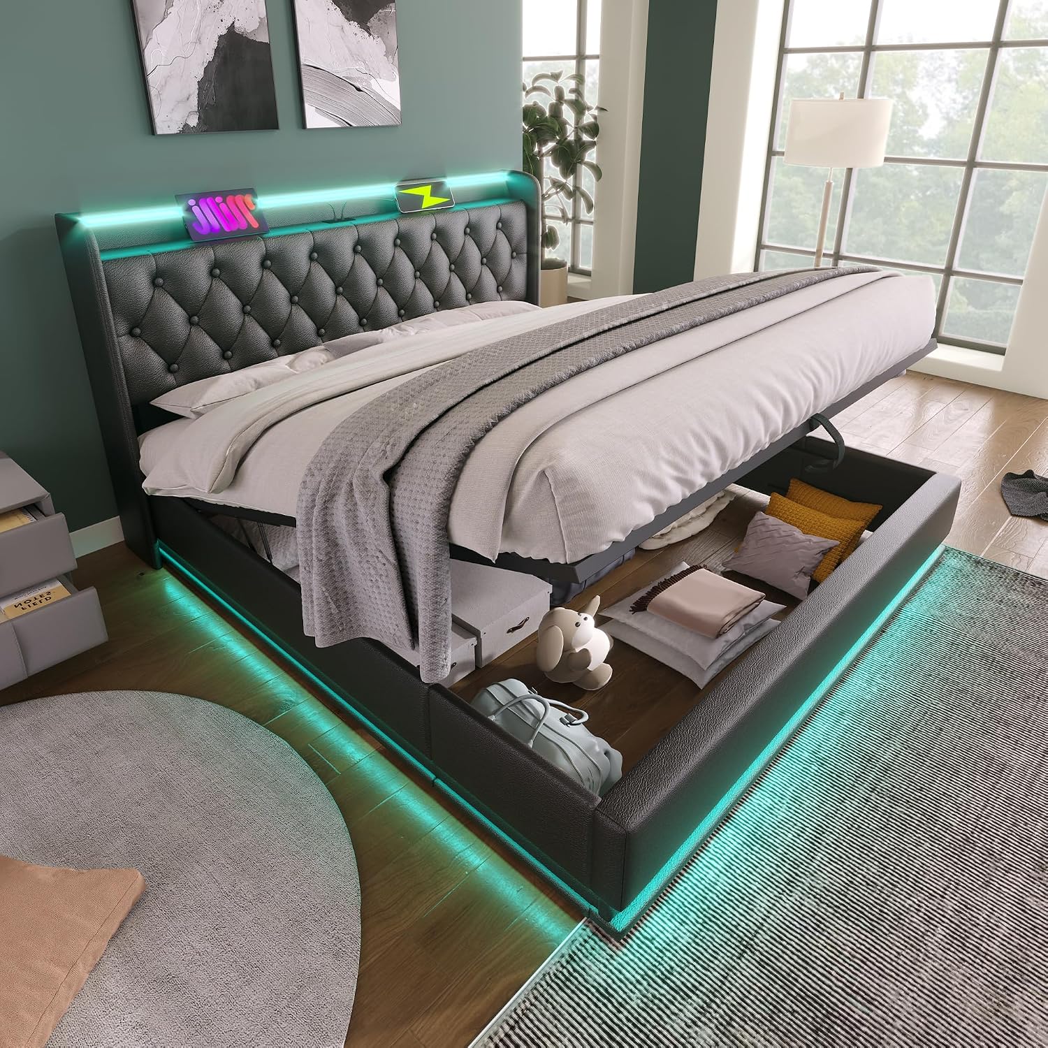 Full Size Lift Up Storage Bed Frame with Button Headboard and Storage Smart Bed with 360 Surround LED Function Upholstered Platform Bed USB Type-C Charging Easy Assembly (Black, Full)
