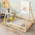 Full Size Tent-Shaped Floor Bed with Door, House Platform Bed Tent Bed Frame with Fence-Shaped Guardrails and Wood Slats Support, Wood Floor Play House Bed for Kids Boys Girls Teens (Natural,2)
