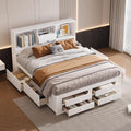 King Size Wood Platform Bed with 8 Storage Drawers and Bookcase Headboard for Bedroom (White, King)