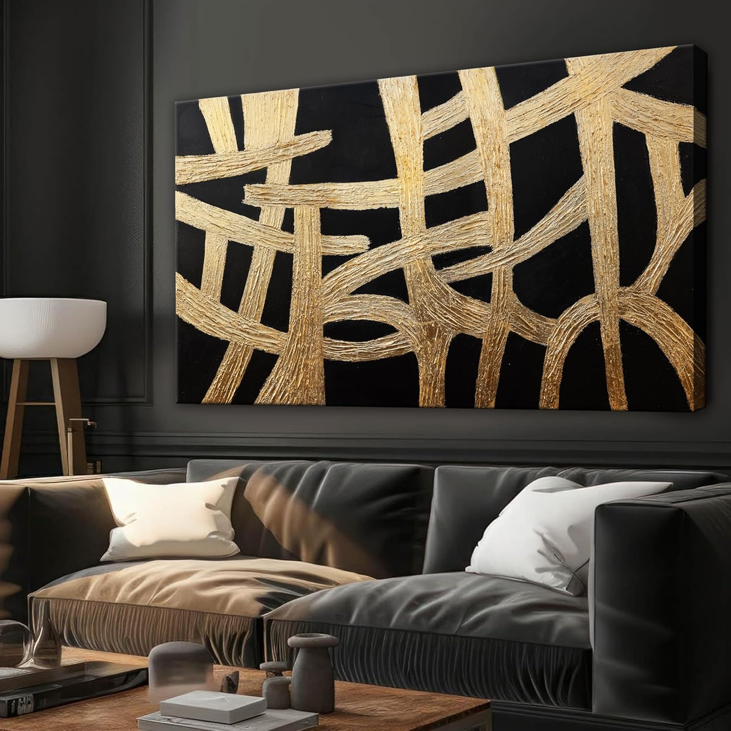 Abstract Wall Art Paintings Wall Decor Large Canvas Wall Art Decor Black And Gold Lines Texture Wall Art Decor Artwork Modern Minimalist Wall Art For Living Room Bedroom Office Wall Decor 29'X58'