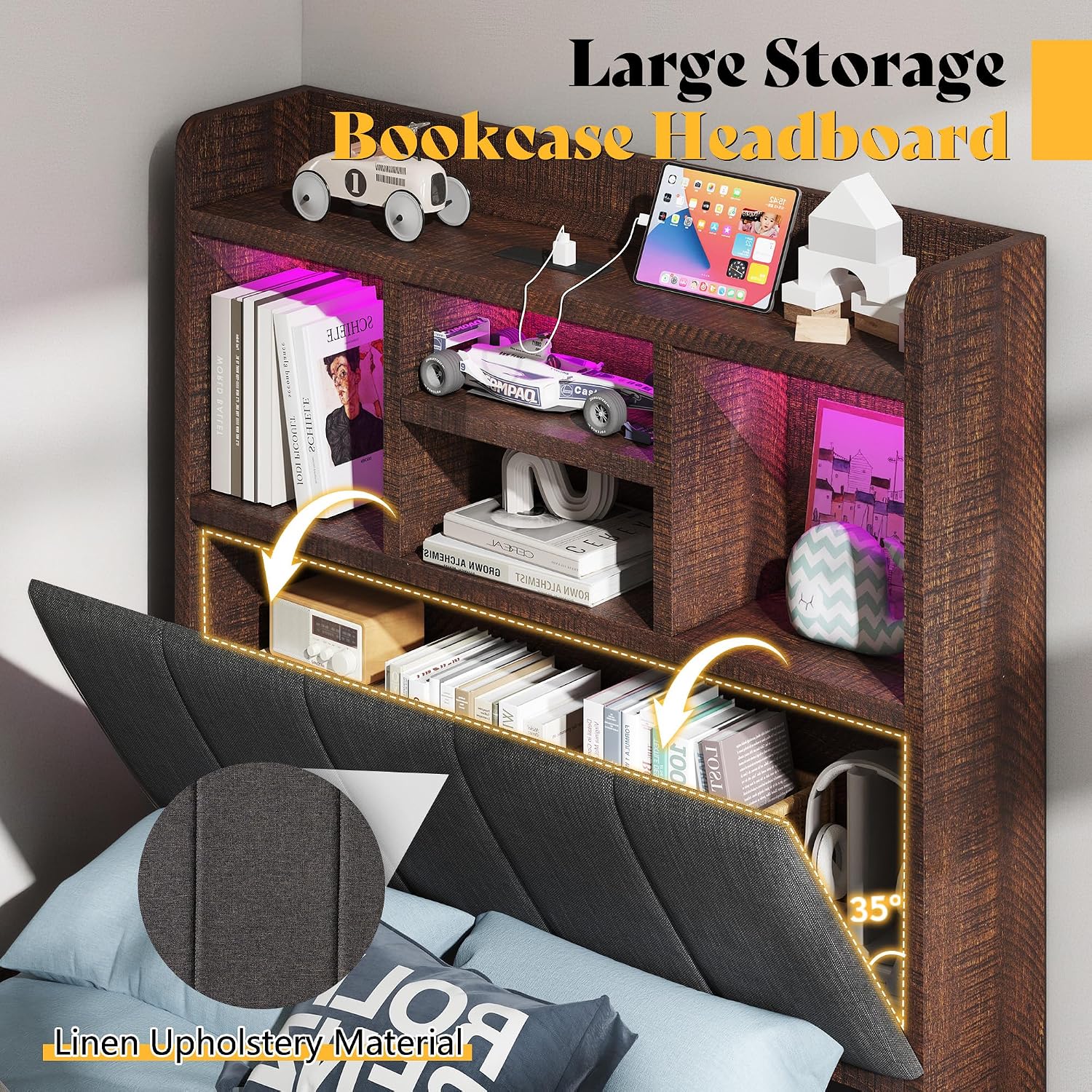 LUXOAK Twin Farmhouse Bed Frame with Bookcase Headboard and 4 Drawers, LED Storage Bed with Charging Station & Linen Upholstered, No Box Spring Needed, Reclaimed Barnwood