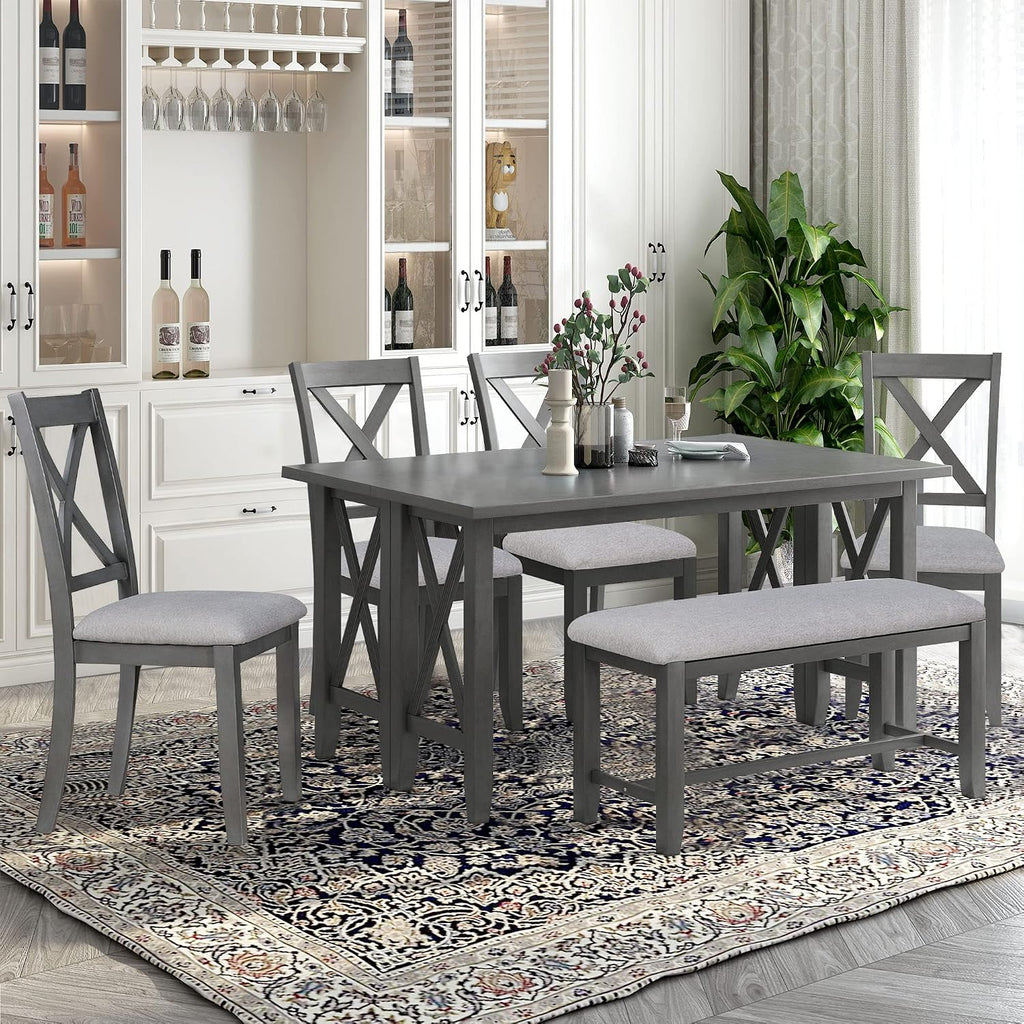 LUMISOL Foldable Kitchen Table Set with Bench and Chairs for 6, 6 Piece Dining Room Table Set with Upholstered Seating and Folding Table