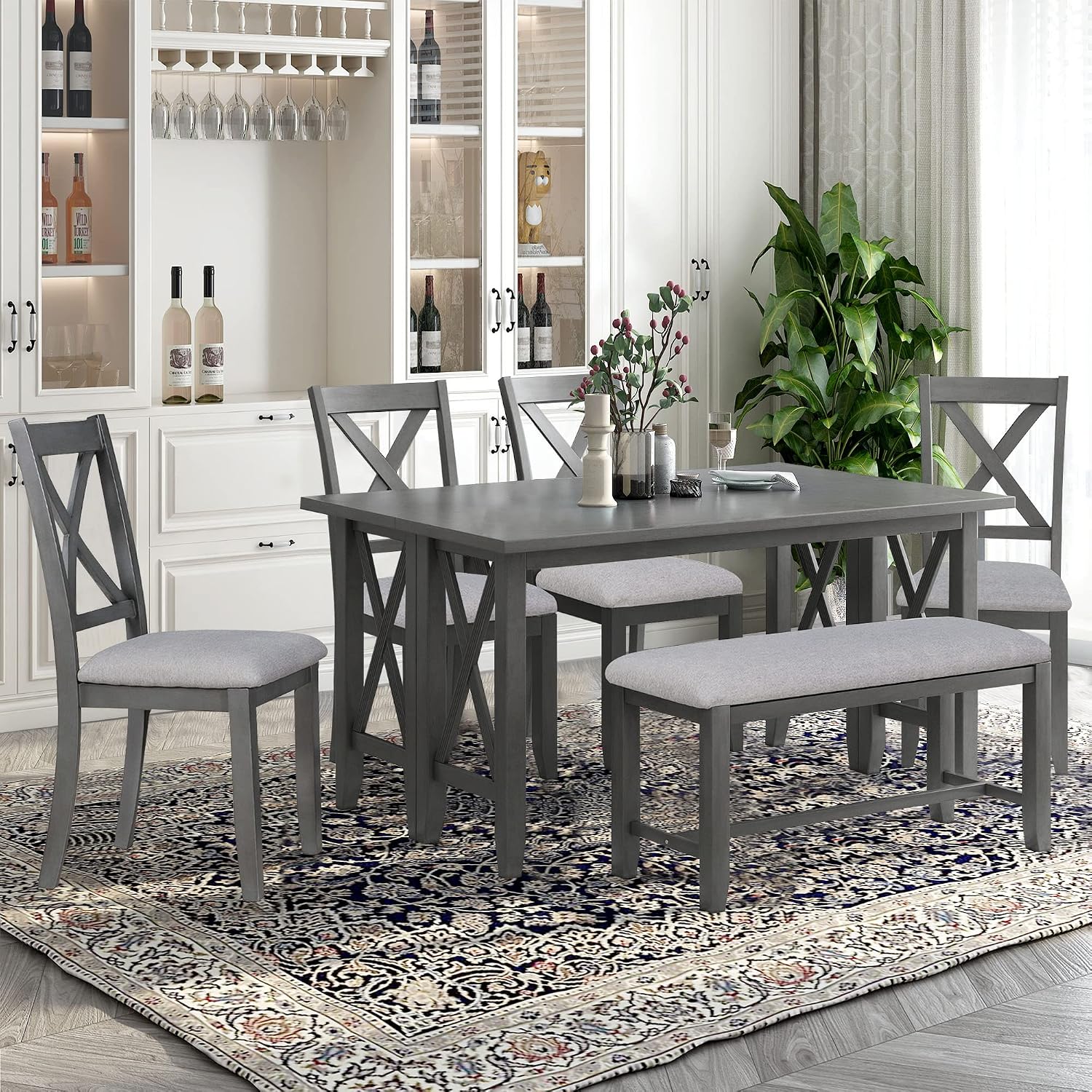 LUMISOL Foldable Kitchen Table Set with Bench and Chairs for 6, 6 Piece Dining Room Table Set with Upholstered Seating and Folding Table