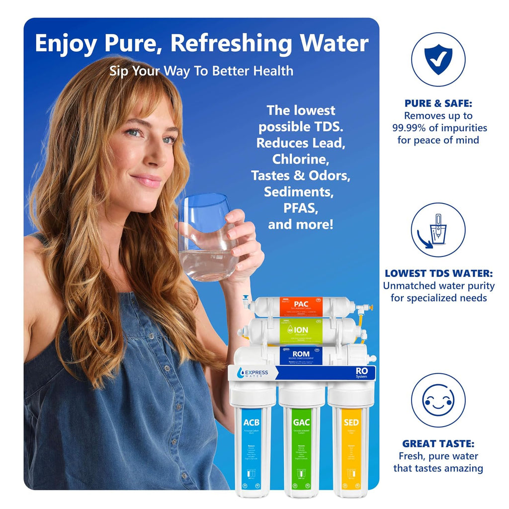 Express Water Reverse Osmosis Deionization Water Filtration System – 6 Stage RO System with Faucet and Tank – Under Sink Water Filter – with Deionization Water Filter – 100 GPD