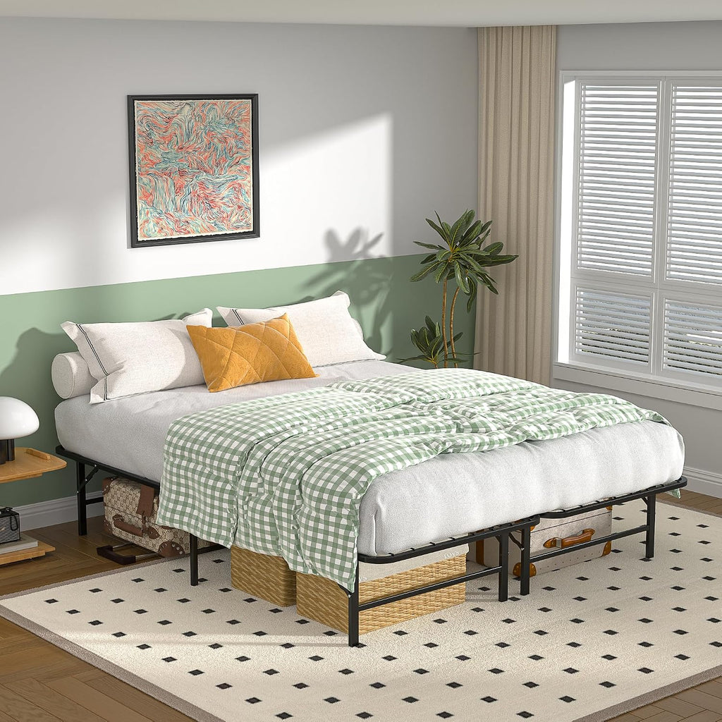 VECELO 14 Inch Metal Bed Frame, Foldable & No Tools Assembly, Heavy Duty Platform with Under Bed Storage, 880 lbs Weight Capacity, Ideal for Small Spaces & Guest Rooms, Queen, Black