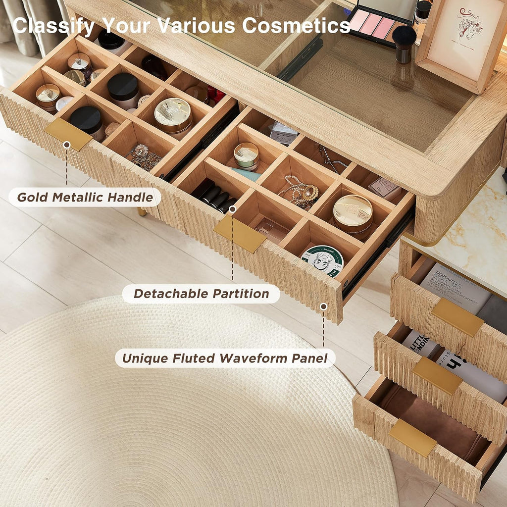 T4TREAM Fluted Makeup Vanity Desk with 36' HD Lighted Mirror, 48' Big Modern Vanity Desk with Mirror and Lights, Dressing Table with 5 Drawers & Shelves, Glass Top for Bedroom (Natural Oak)