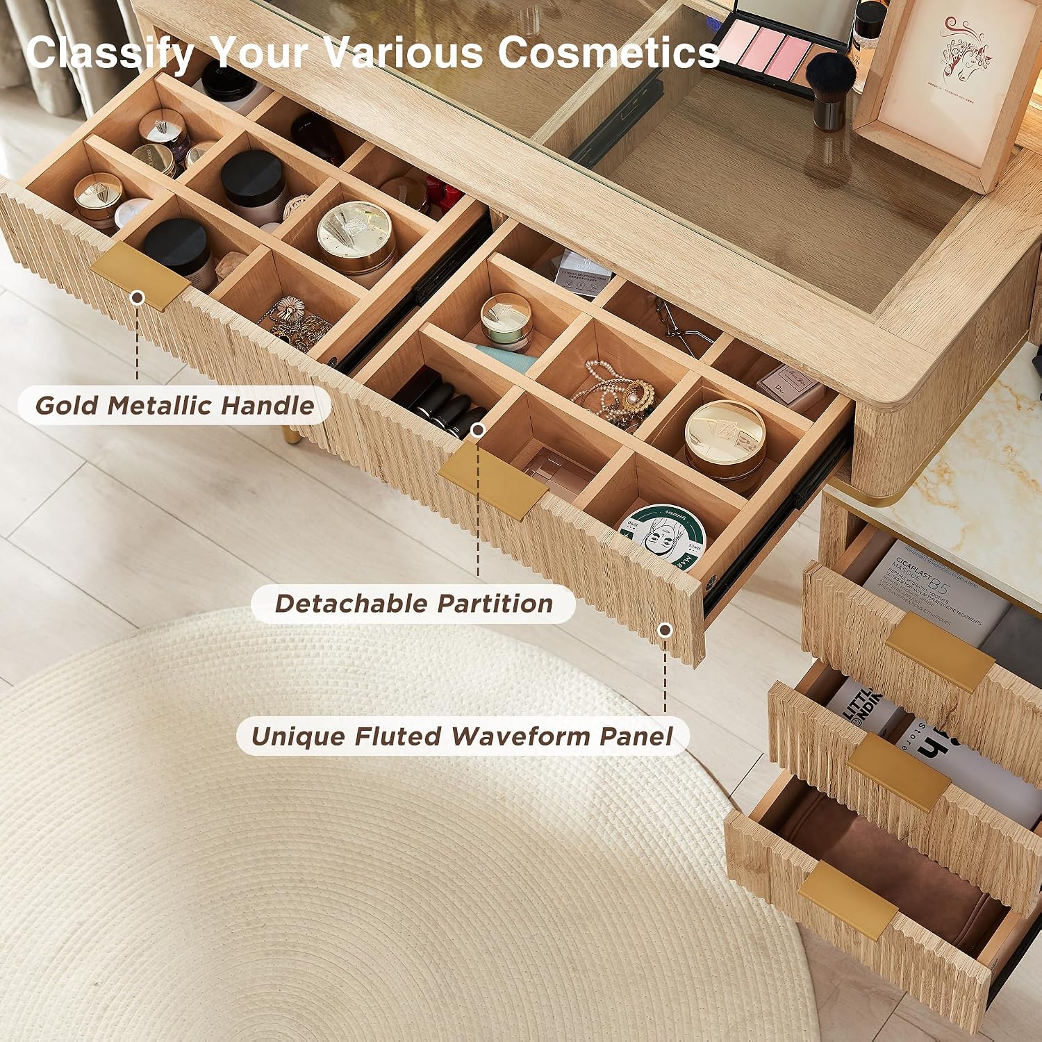T4TREAM Fluted Makeup Vanity Desk with 36' HD Lighted Mirror, 48' Big Modern Vanity Desk with Mirror and Lights, Dressing Table with 5 Drawers & Shelves, Glass Top for Bedroom (Natural Oak)