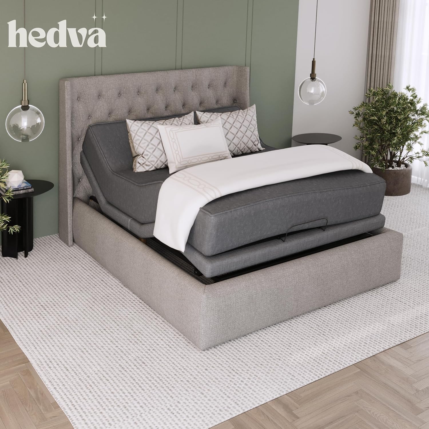 Hedva Adjustable Bed Frame with Massage Motors, 4 USB Ports, LED Light, 5-Minute Assembly, Multiple Preset Positions for Ultimate Comfort, Wireless Remote Control Adjustable Bed (Black, Full)
