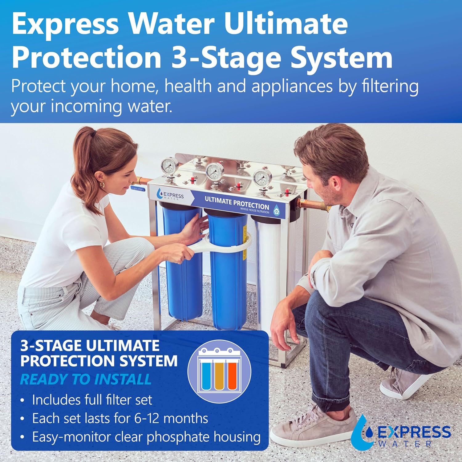 Express Water 3-Stage Whole House Water Filter System, Reduces Heavy Metals, Scale, Chloramine, Chlorine, PFAs, Lead & Arsenic, Free-standing Stainless Steel Frame & 3 Pressure Gauges