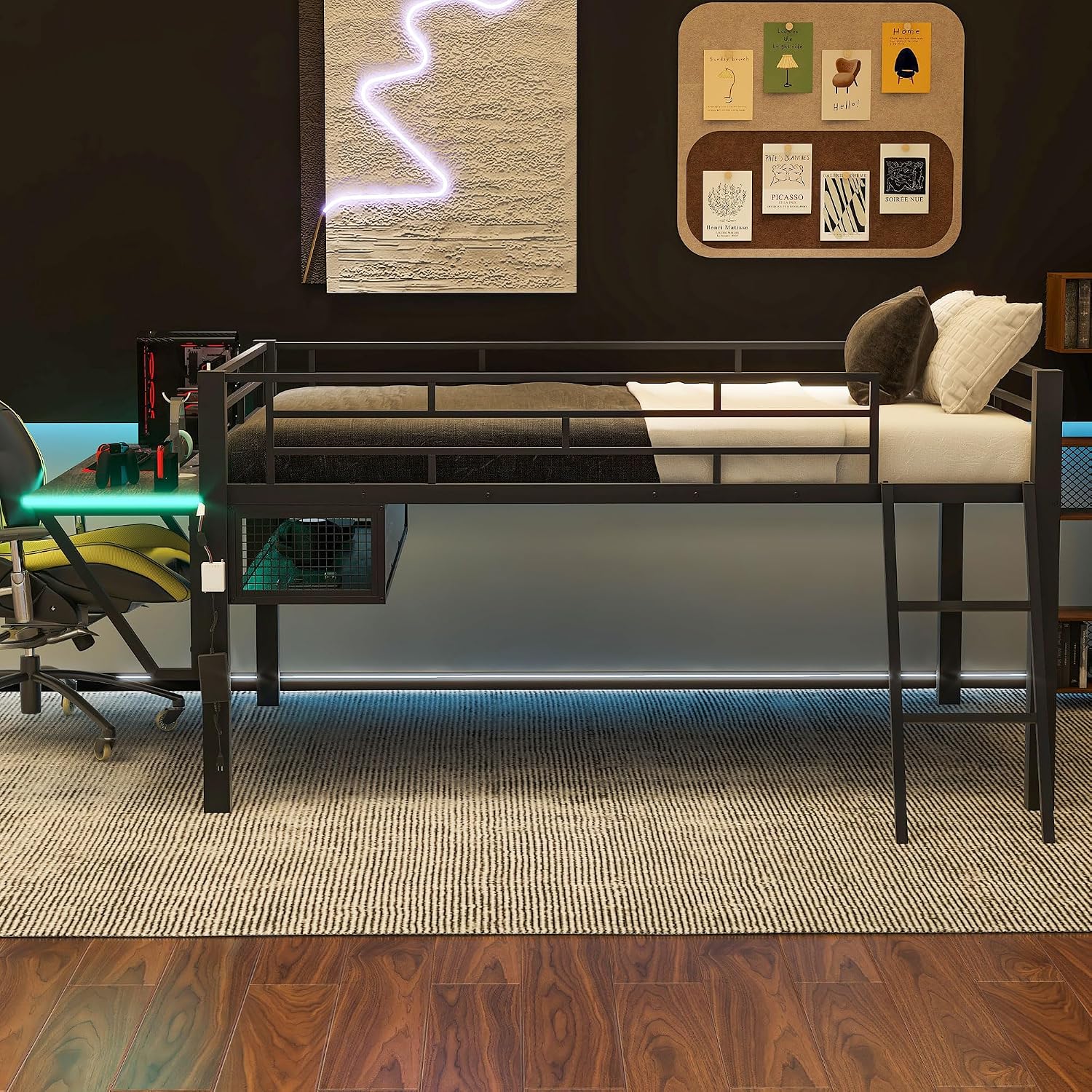 Modern Gaming Mid Loft Bed with Built-in LED Lights & Large Desk, High Sleeper Twin Size Bed with PC Gaming Setup for Teenagers, Space-Saving Furniture for Small Room (Black + Full)