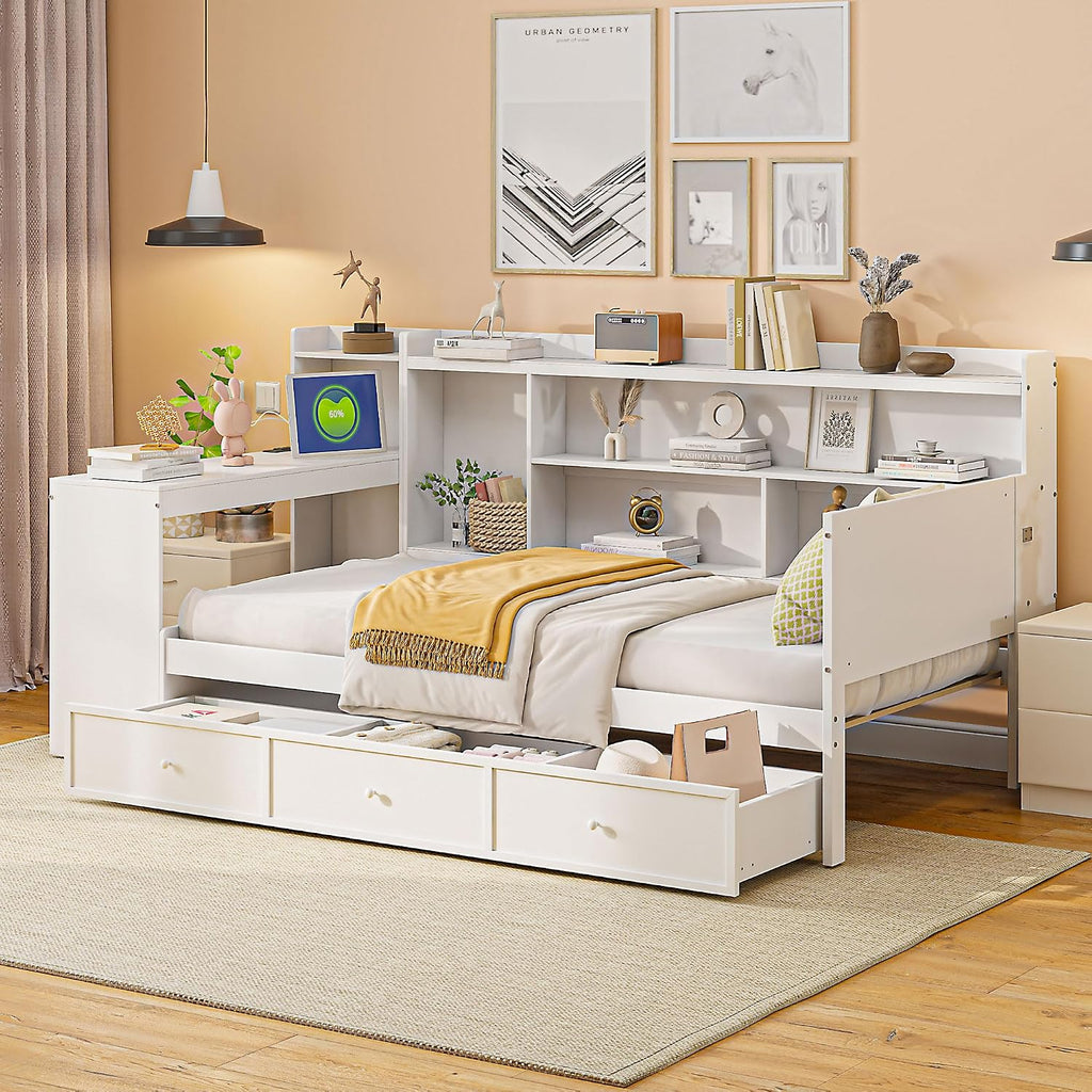 Twin Size Daybed with Storage Shelves and Study Desk, Wooden Daybed Sofa Bed Frame with 3 Drawers and USB Ports for Office Living Room Bedroom, Maximize Space (White-23U)