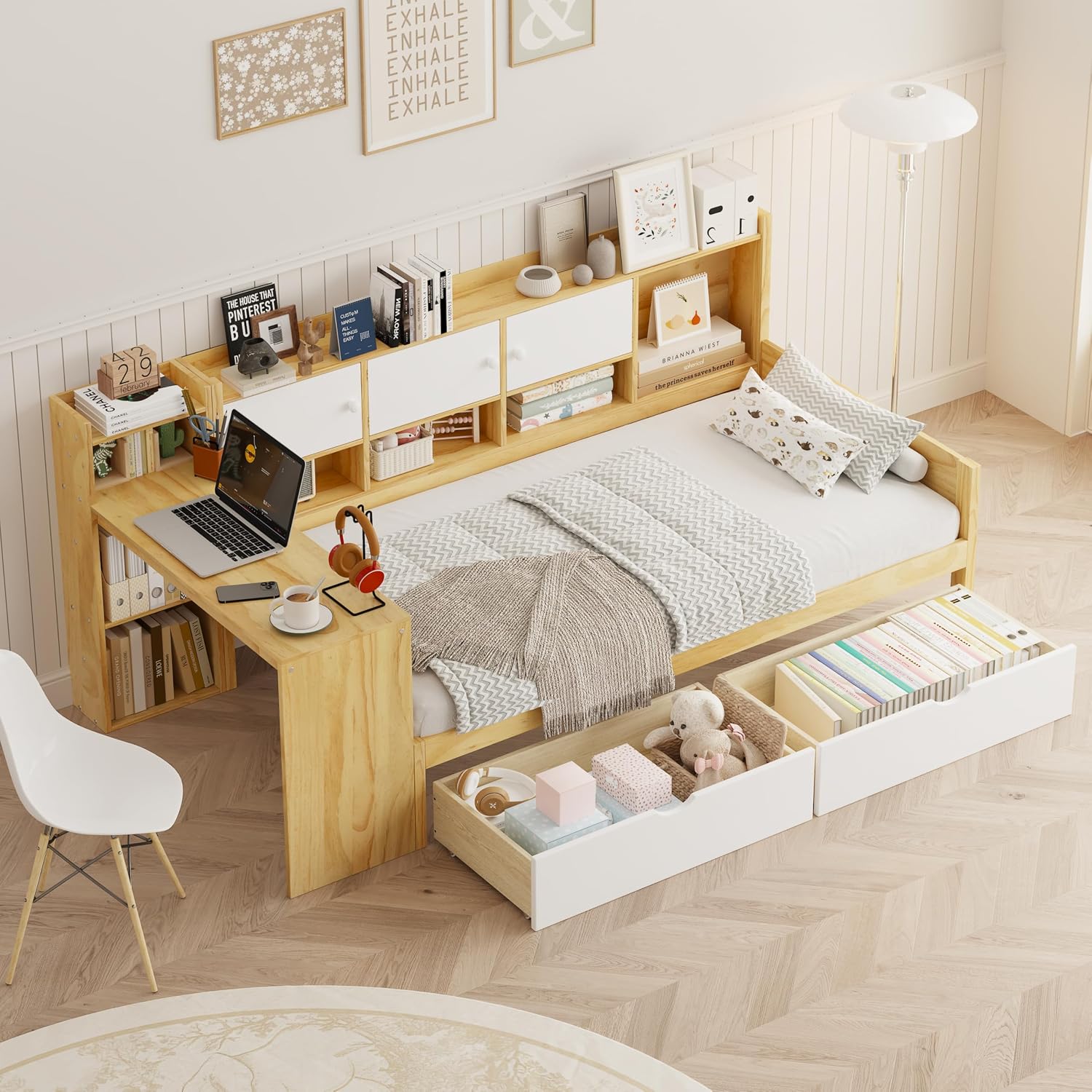 Twin Bed Frames with Storage, L-Shaped Corner Beds with Desk, Wood Daybed with Bookcase, Platform Beds with Drawers and Shelves for Living Room, Bedroom, Teens Room, Natural