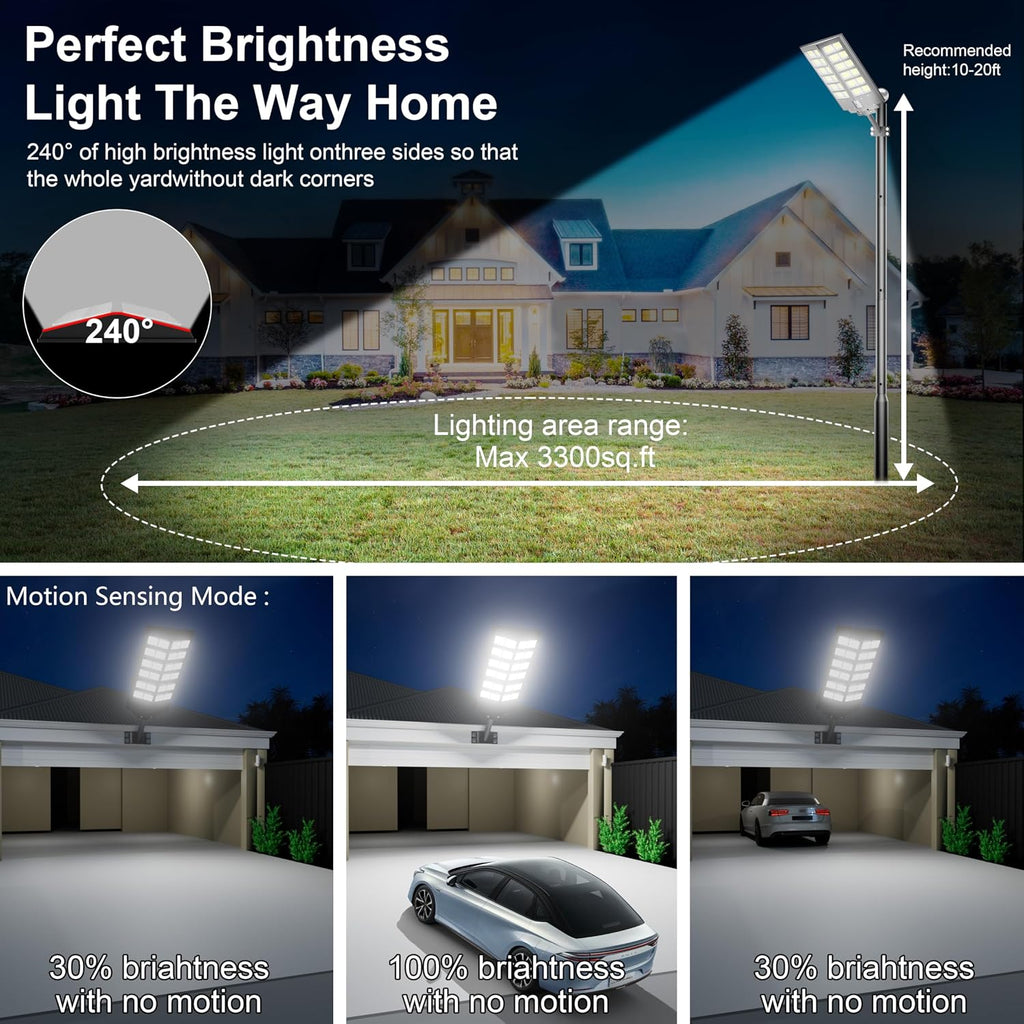 Solar Street Lights Outdoor Waterproof Dusk to Dawn, Large 9000W Outdoor Floodlight LED Motion Sensor, 7000K Wide Angle Parking Lot Flood Lamp Remote Control for Yard Garden