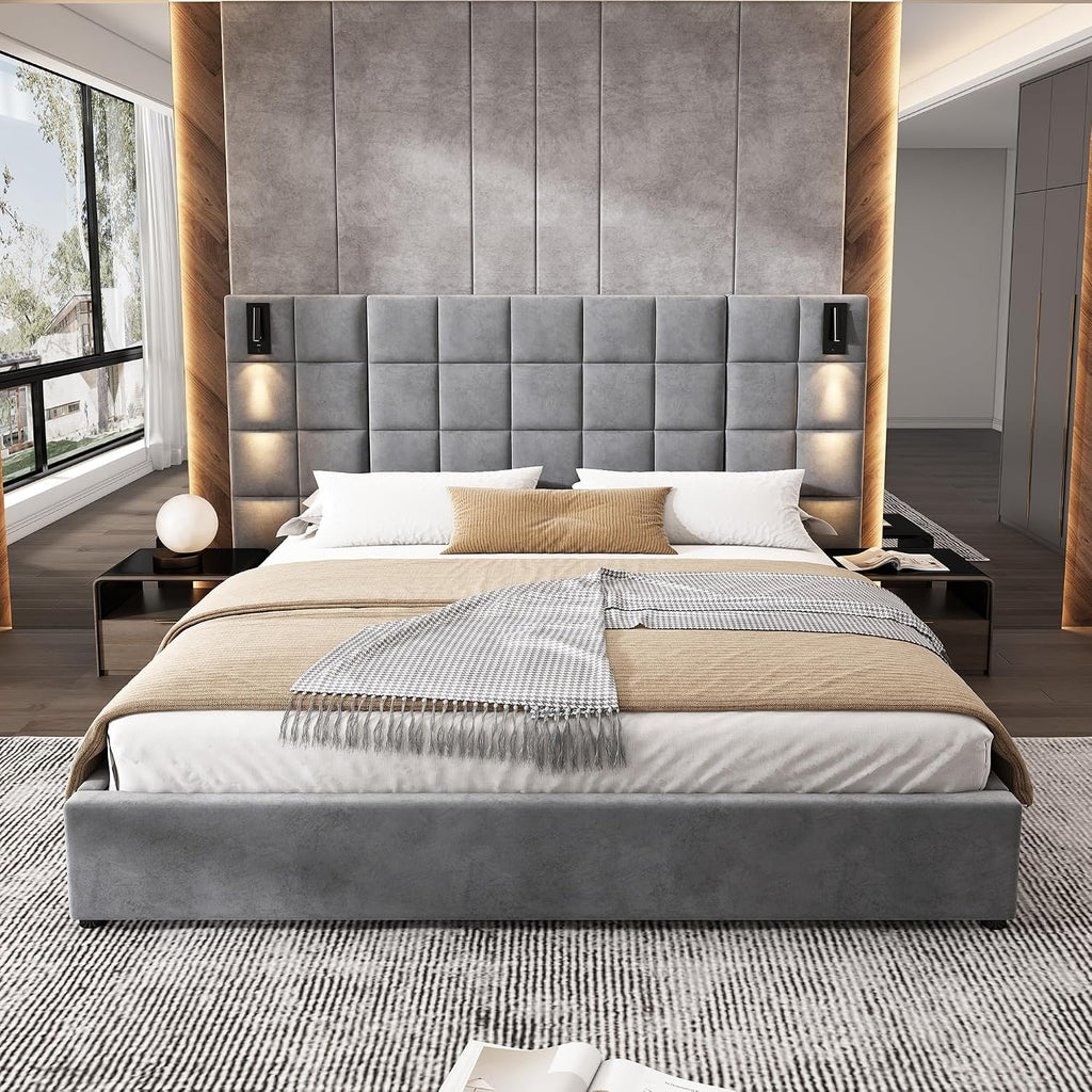 Merax Velvet Upholstered California King Size Bed Frame with Wide headboard and Small Reading Lamp with USB Port, Low Platform Bed Frame for Adults, Without Bedside Tables and Mattress, Gray