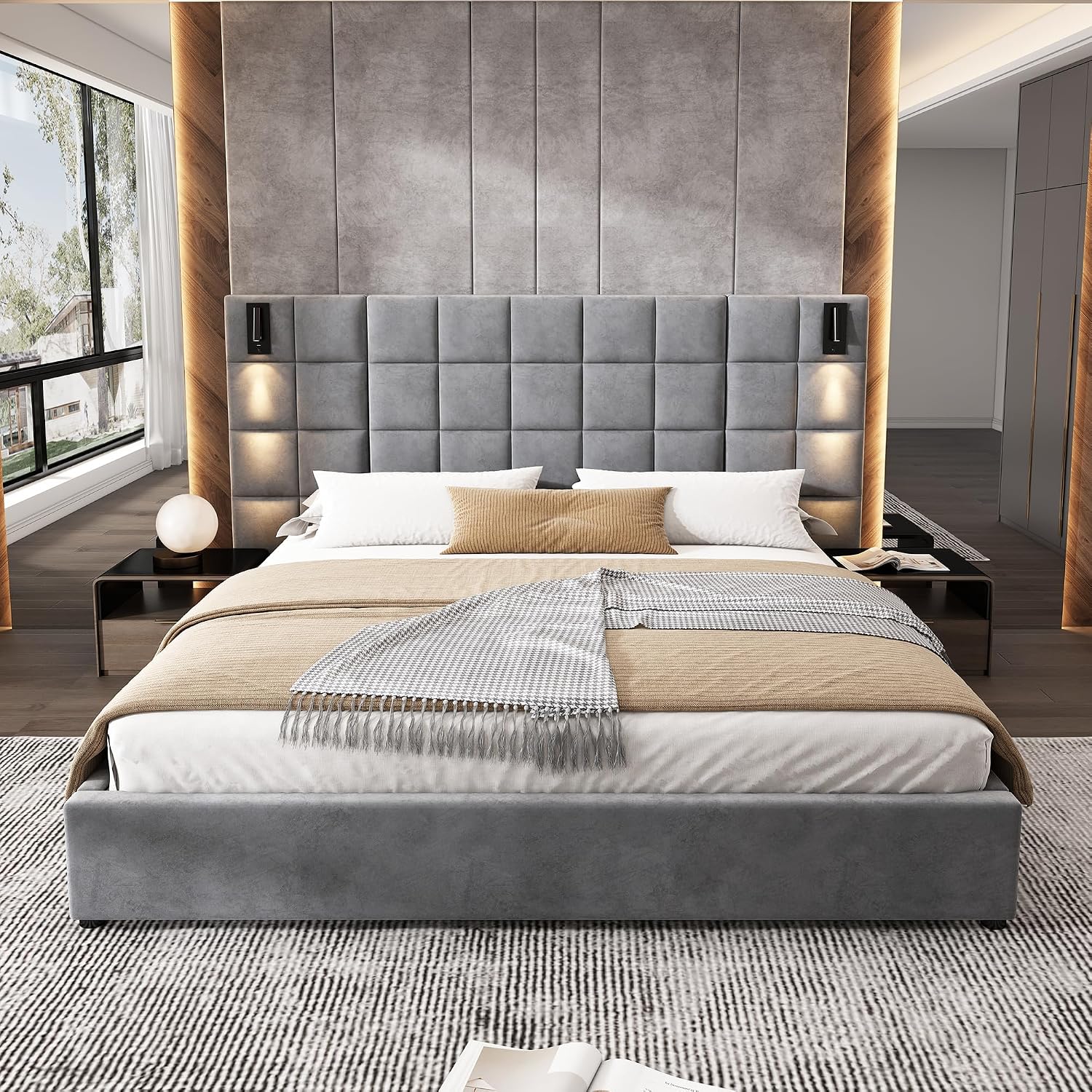 Merax Velvet Upholstered California King Size Bed Frame with Wide headboard and Small Reading Lamp with USB Port, Low Platform Bed Frame for Adults, Without Bedside Tables and Mattress, Gray