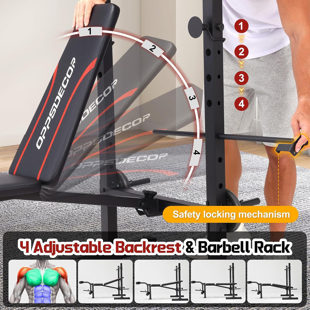 OPPSDECOR Multi-Function Weight Bench Set with Squat Rack Leg Extension & Leg Curl Adjustable Workout Bench for Full Body Fitness Foldable Flat/Incline/Decline Upgrade Bench Press for Home Gym
