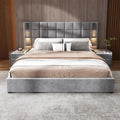 Merax Velvet Upholstered California King Size Bed Frame with Wide headboard and Small Reading Lamp with USB Port, Low Platform Bed Frame for Adults, Without Bedside Tables and Mattress, Gray