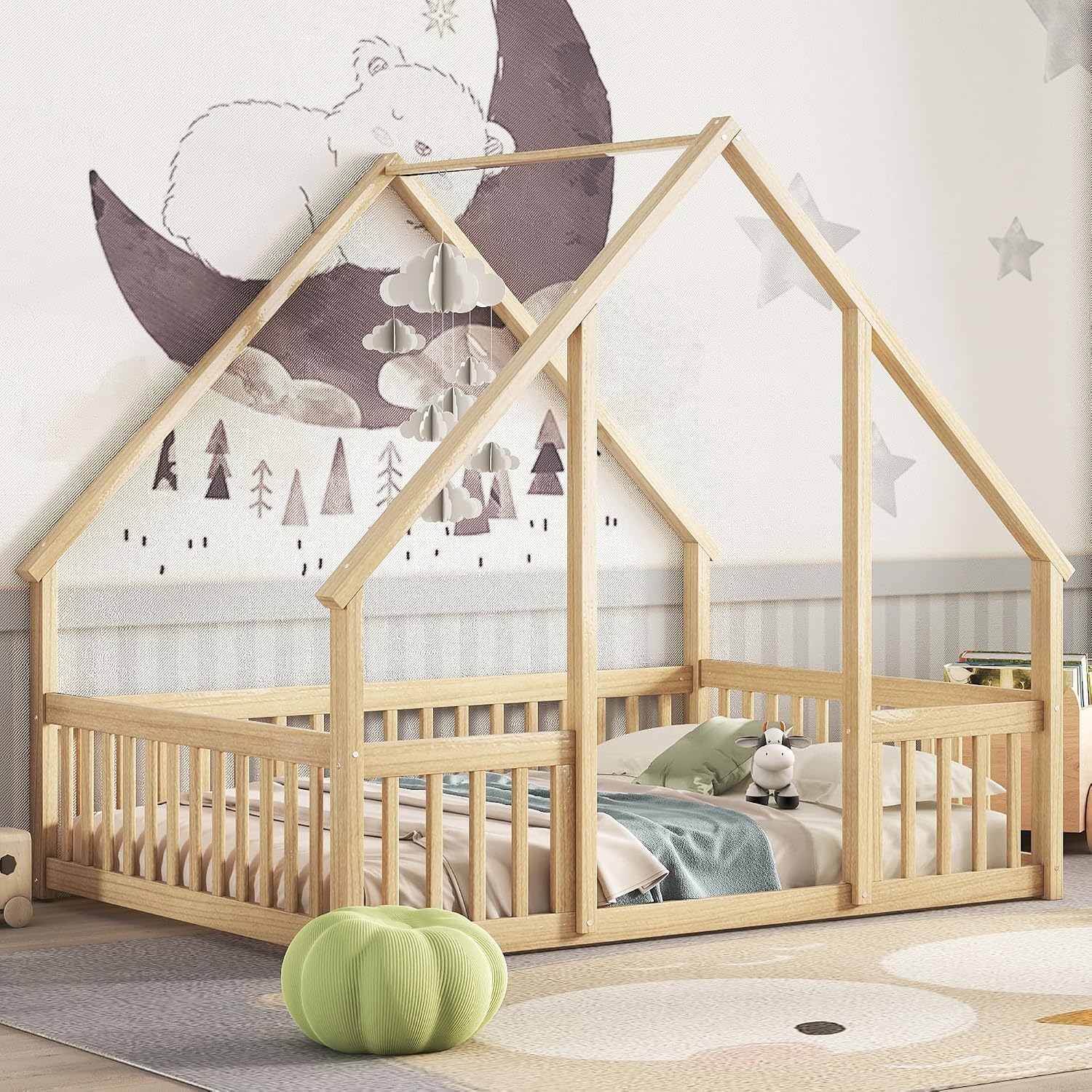 JIVOIT Full Wood House-Shaped Floor Bed with Fence and Guardrails, Wood House Roof Frame, Montessori Floor Bed Frame (Natural-Full,129)