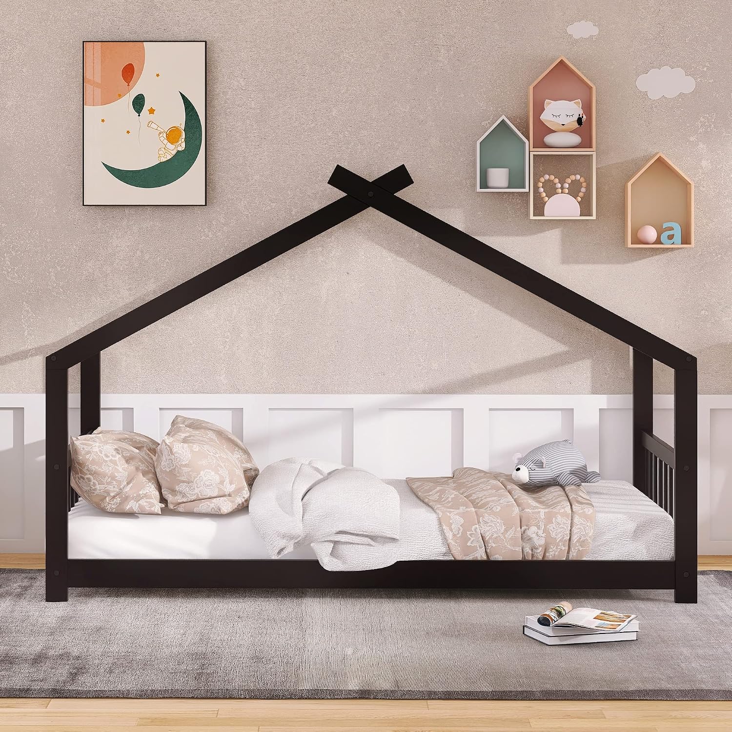 JIVOIT Twin Size Wood House Bed, Solid Wood Tent Bed Canopy Bed Frame with Roof Design, Twin Floor Bed with Wood Slats Support, No Box Spring Needed (Espresso-Twin-Pinewood)