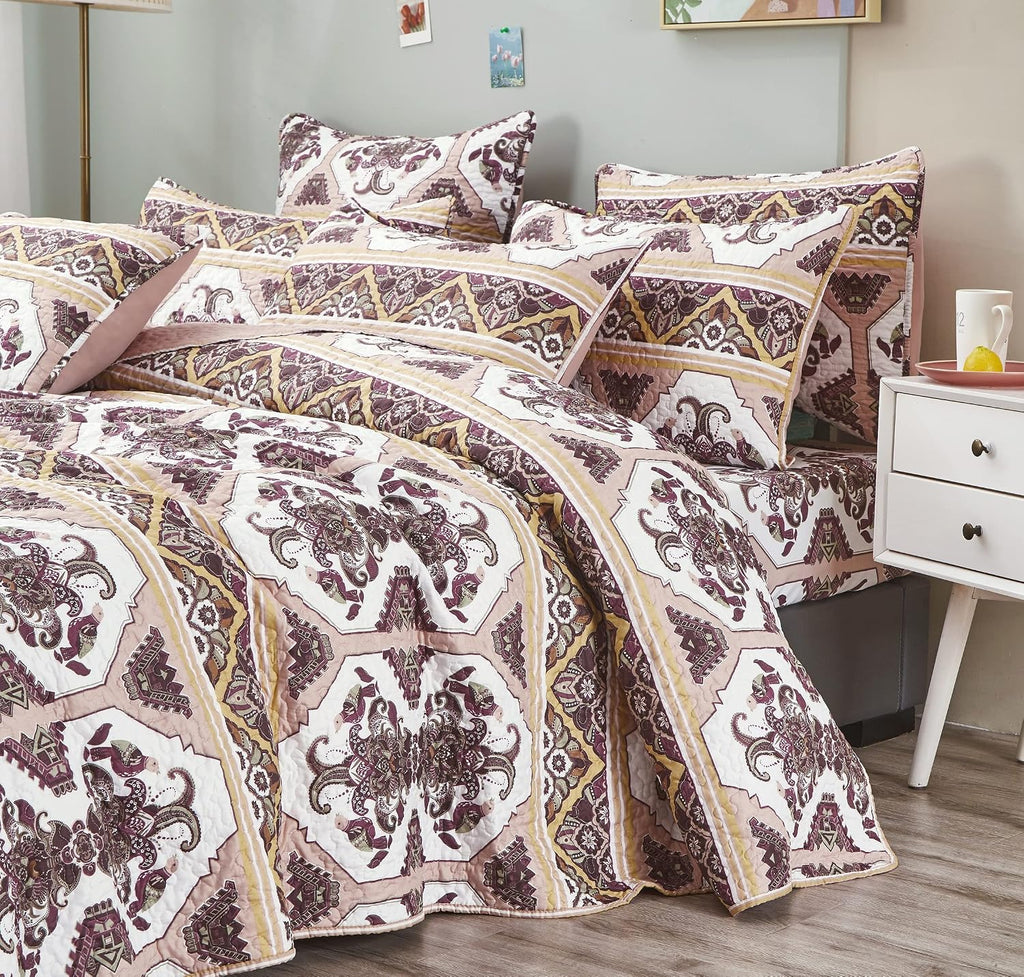 DaDa Bedding Collection Bed in a Bag Set - 11 Pieces - Farmhouse Elegant Paisley Burgundy Maroon Kilim : Bedroom Set with Fitted Sheet, Throw Pillows, and Valances - King