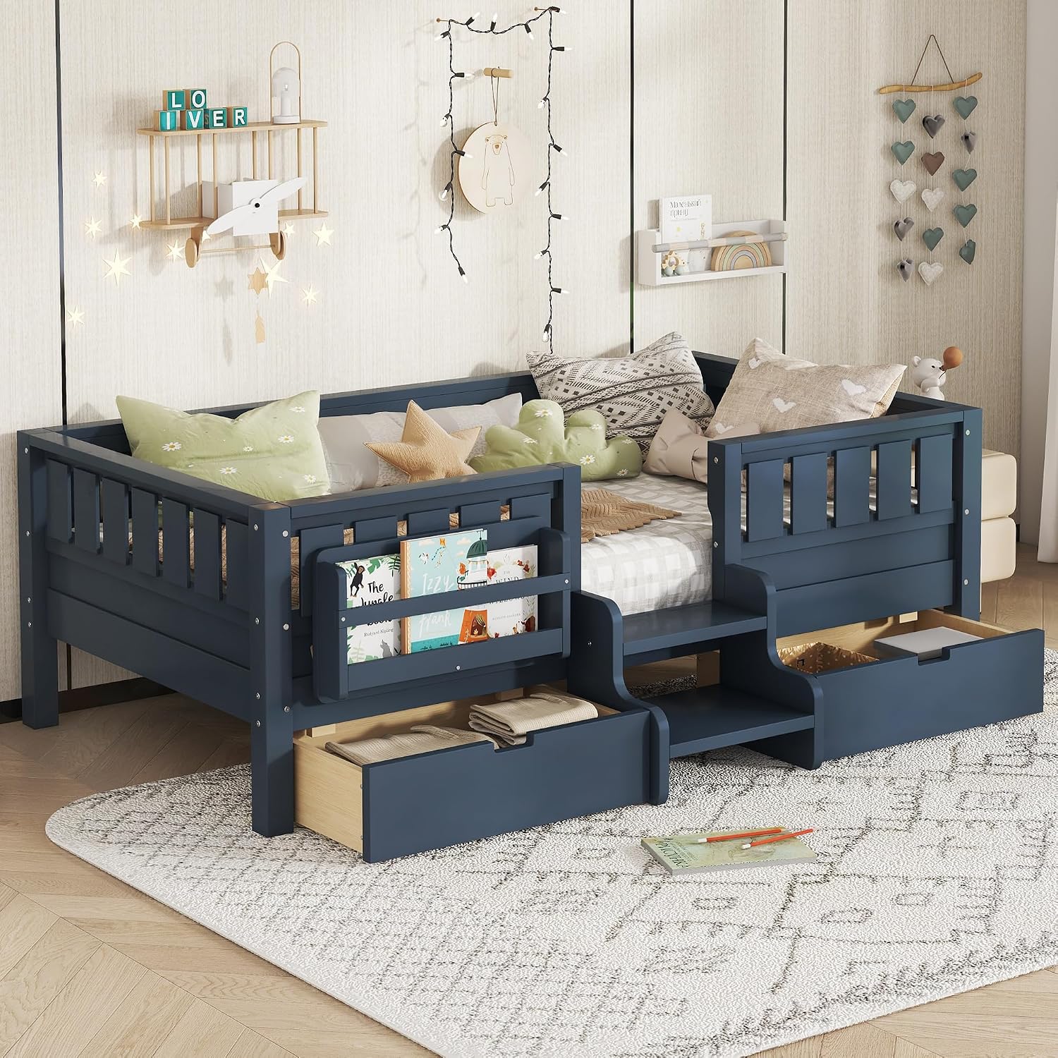 Bellemave Twin Kids Montessori Bed with Stairs, Bookshelf and Drawers, Solid Wood Kids Bed Frame with Storage for Boys Girls, Low Profile,Blue