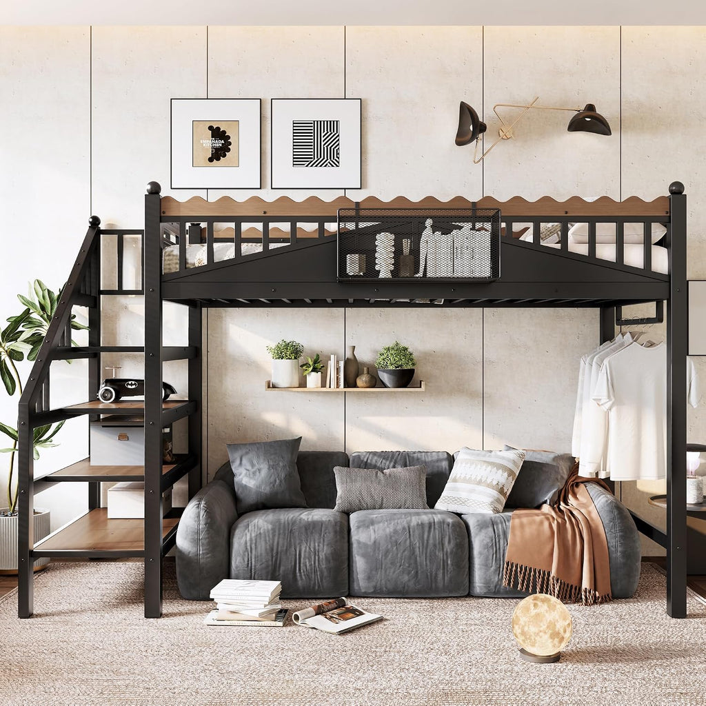 JIVOIT Twin XL Size Metal Loft Bed Frame, Space-Saving Loft Bed with Storage Stairs, Storage Shelves and Bookshelf, Strong Support Slats, Perfect for Bedroom, Guest, Dorms