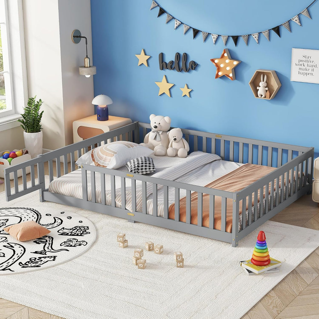 Queen Size Floor Bed, Wooden Montessori Bed Frame with Door, Montessori Floor Queen Bed with Rails for Boys and Girls, No Box Spring Needed, Grey