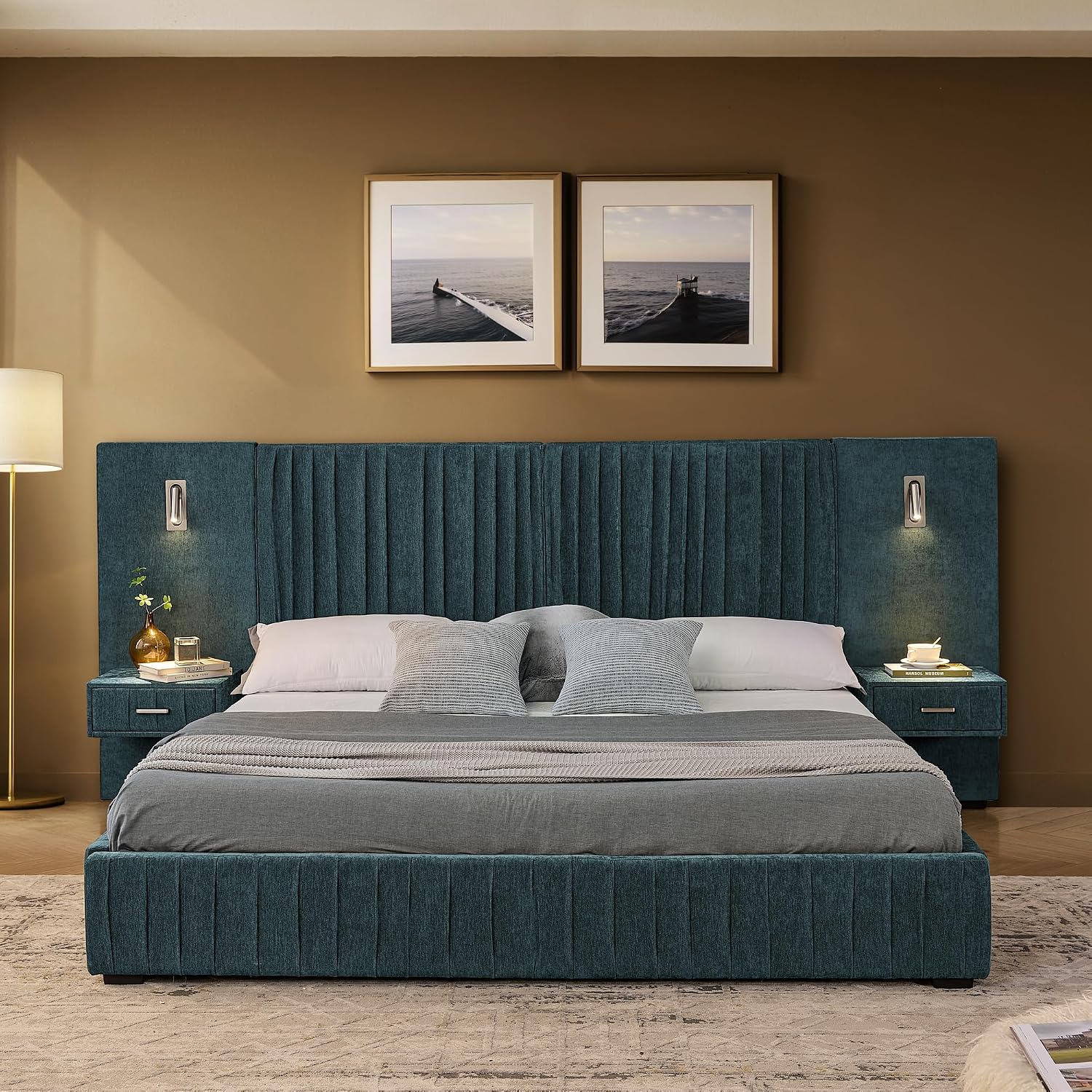 Merax Chenille Upholstered Queen Size Bed Frame with Wide Headboard and 2 Nightstands, Low Platform Bed Frame with Small Reading Lamp and Pleating Design for Adults, No Box Spring Needed, Blue Green