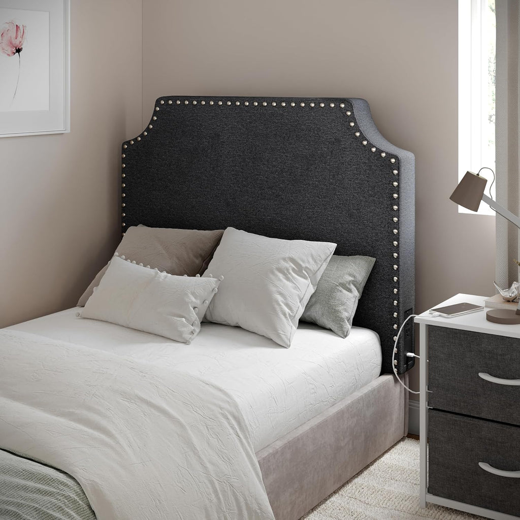 Flash Furniture Adeline Twin Headboard with 2 Outlets, USB Port, USB Type-C Port, Contoured Headboard, Studded Faux Linen Upholstery, Dual Hanging Options, Gray