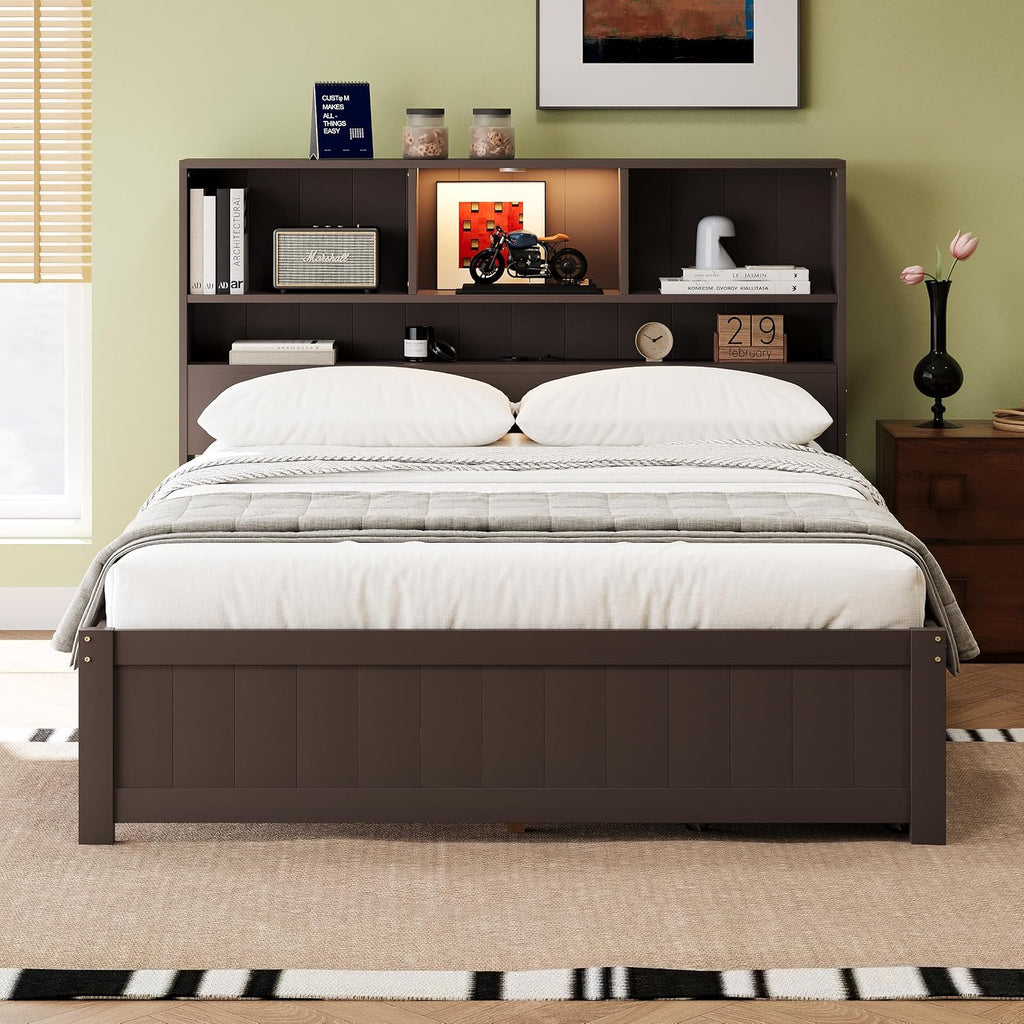 LUMISOL Twin Bed Frames with Charging Station and LED Lights, Wood Platform Bed with Bookcase Headboard and 2 Drawers, No Box Spring Needed, Espresso
