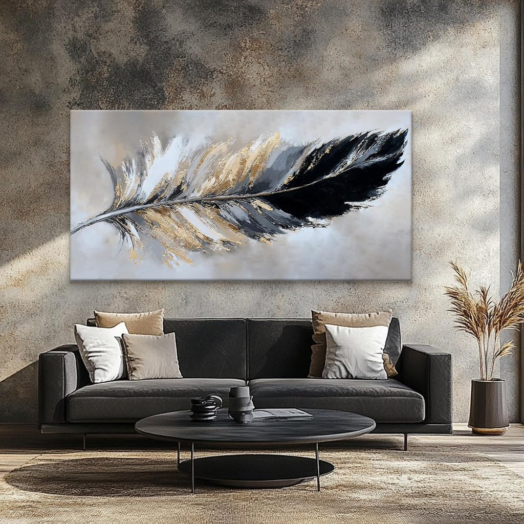 Canvas Art Wall Decor Large Wall art for living room Modern Abstract Wall Decor Painting Print Modern Home Decorations Black and Gold Minimalist Abstract Art Feather Home Artwork Size 35'X70'