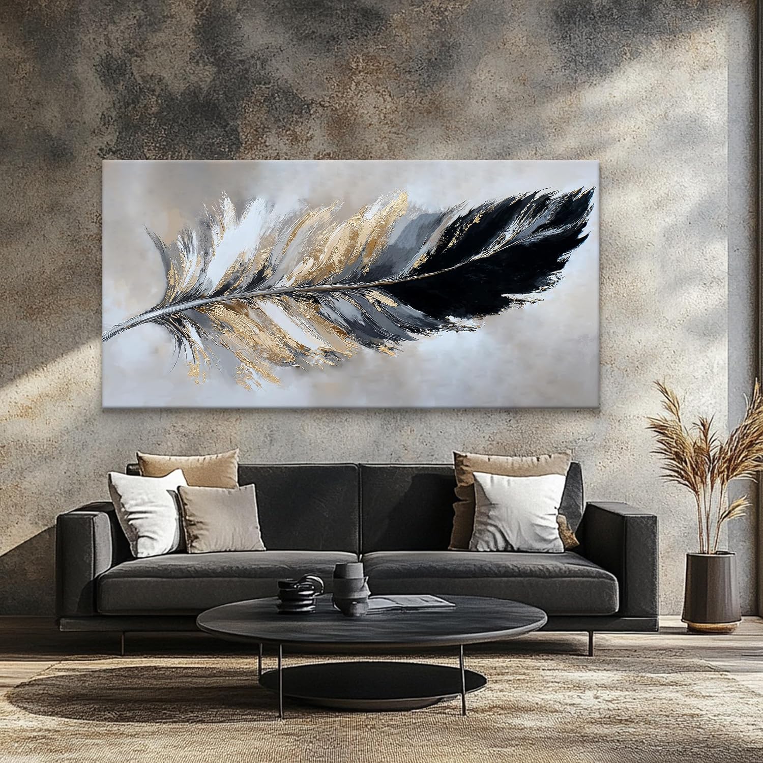 Canvas Art Wall Decor Large Wall art for living room Modern Abstract Wall Decor Painting Print Modern Home Decorations Black and Gold Minimalist Abstract Art Feather Home Artwork Size 35'X70'