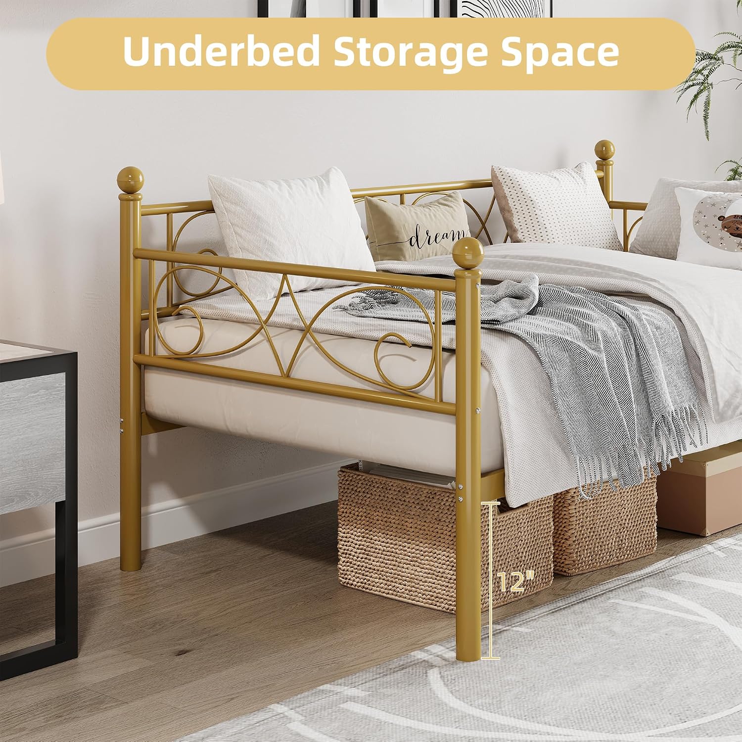 Gold Twin Size Daybed Frame with Elegant Floral Headboard, Heavy Duty Steel Slats Support, No Box Spring Needed, Modern Metal Daybed for Living Room, Guest Room, Bedroom